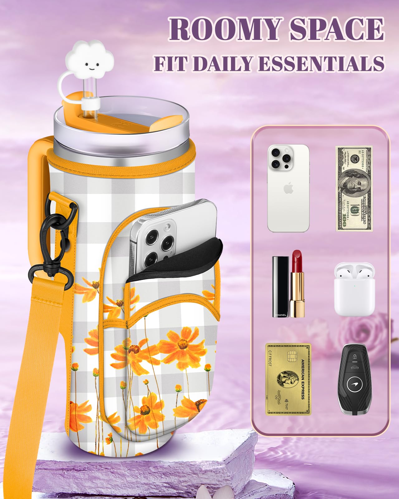 Toykee Water Bottle Holder Carrier Bag for Stanley 40 OZ Tumbler with Strap Phone Pocket, Wrap Around Drink Cup Purse Pouch with Straw Cover Cleaner Brush Accessories Yellow Flower