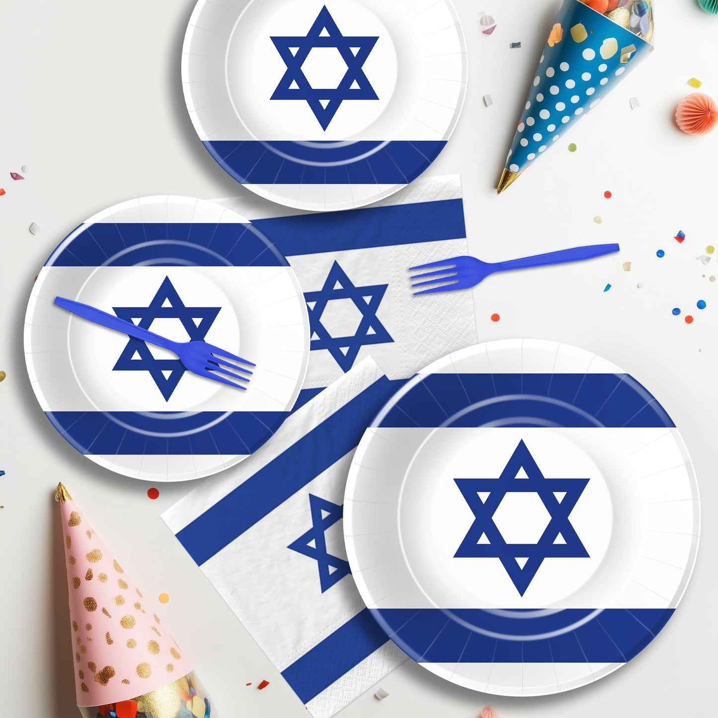 FVABO Israel Flag Party Decorations Tableware, Israeli Flag Party Supplies, Paper Plate, Napkin, Fork, for Israeli Independence Day or Jewish Patriotic Holiday, Serves 24