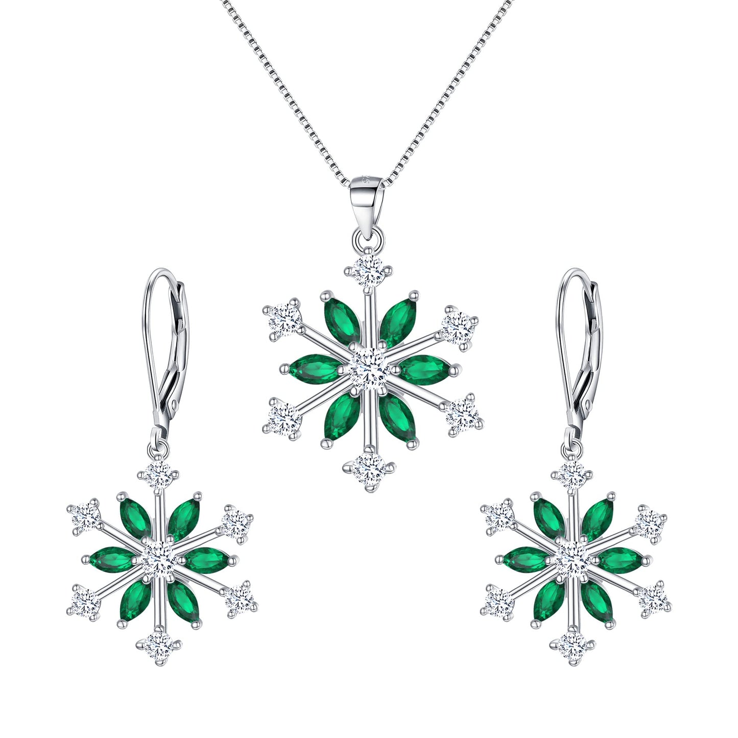 EVER FAITH Snowflake Jewelry Set Sterling Silver Winter Accessory Sparkle Green CZ Flower Necklace Leverback Earrings Sets