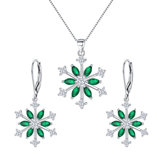 EVER FAITH Snowflake Jewelry Set Sterling Silver Winter Accessory Sparkle Green CZ Flower Necklace Leverback Earrings Sets
