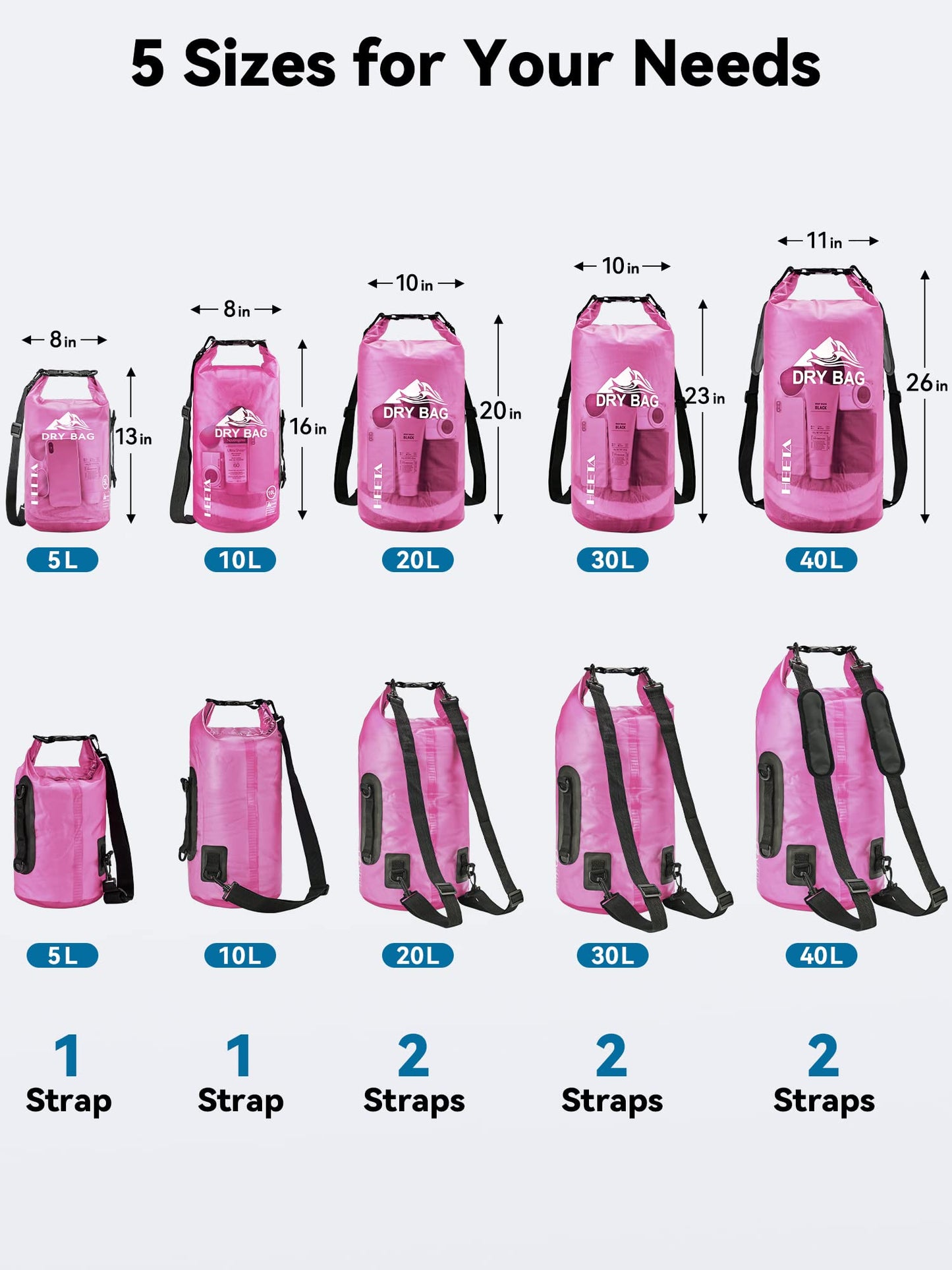 HEETA Waterproof Dry Bag for Women Men, Roll Top Lightweight Dry Storage Bag Backpack with Phone Case for Travel, Swimming, Boating, Kayaking, Camping and Beach, Transparent Rose Red 5L