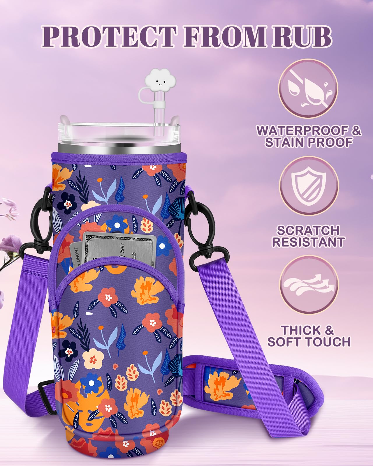 Toykee Water Bottle Holder Carrier Bag for Stanley 40 OZ Tumbler with Strap Phone Pocket, Purple Wrap Around Drink Cup Purse Pouch with Straw Cover Cleaner Brush Accessories Flower Print