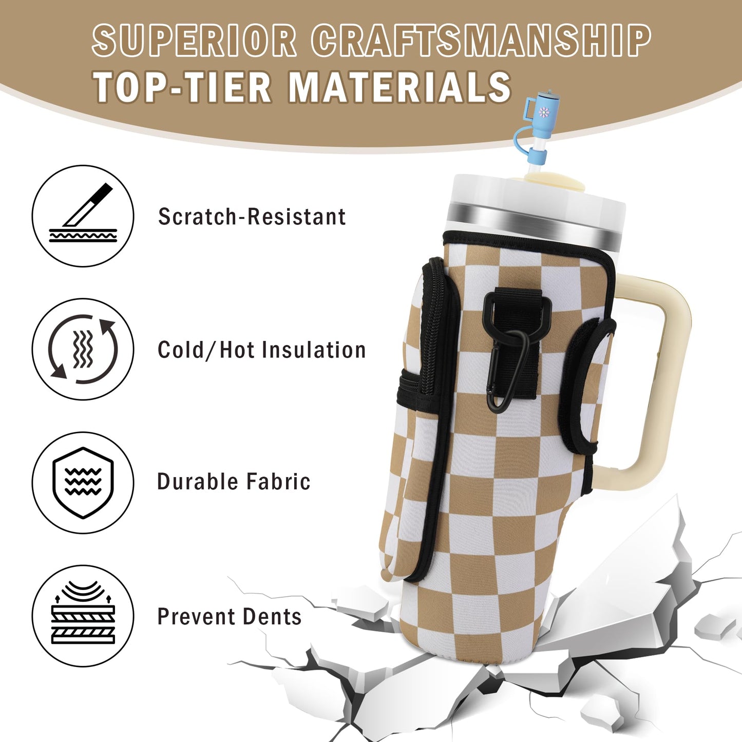 Water Bottle Carrier Bag with Strap for Stanley Cup 40oz Tumbler with Phone Pocket, Keychain Accessories for Stanley Cup Handle, Women Personalized Accessories for Stanley Cup
