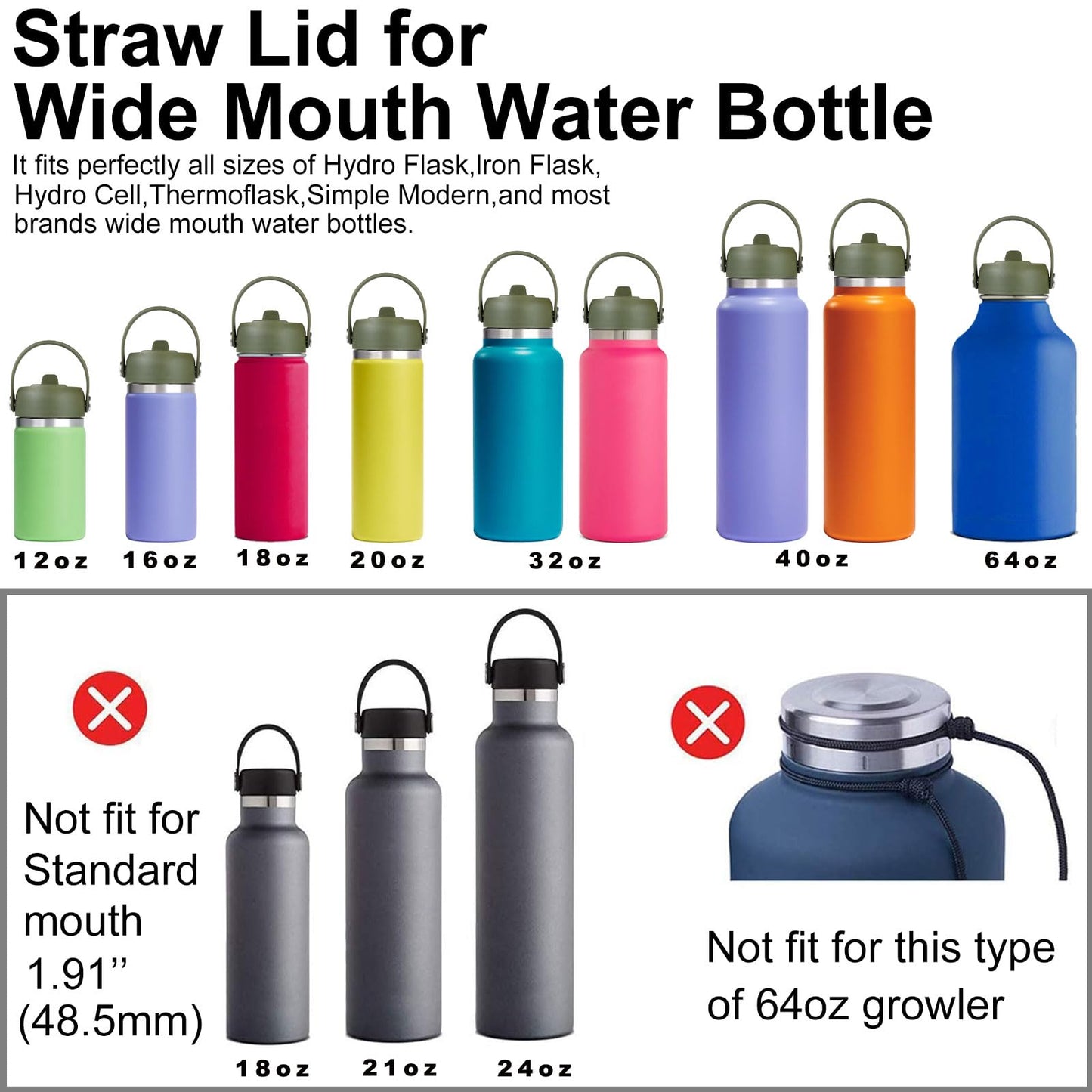 FLORAPELL Straw Lid for Hydro Flask Wide Mouth Water Bottles, Top Lids with Straw Compatible with Hydro Flask 32 40 oz, Replacement Cap Wide Mouth Straws Flip Lid Flex Handle (Olive)