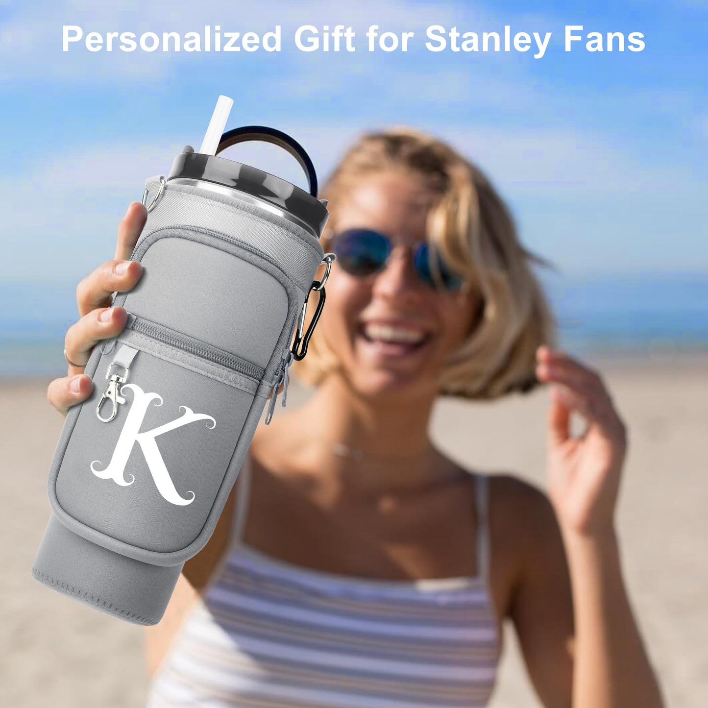 LOKASS Initial Water Bottle Holder with Upgrade Canvas Strap for Stanley 30 oz Tumbler, Gift for Mom Mother's Day Day gifts with Phone Pocket, Personalized Accessories for Stanley Cup, Grey - S