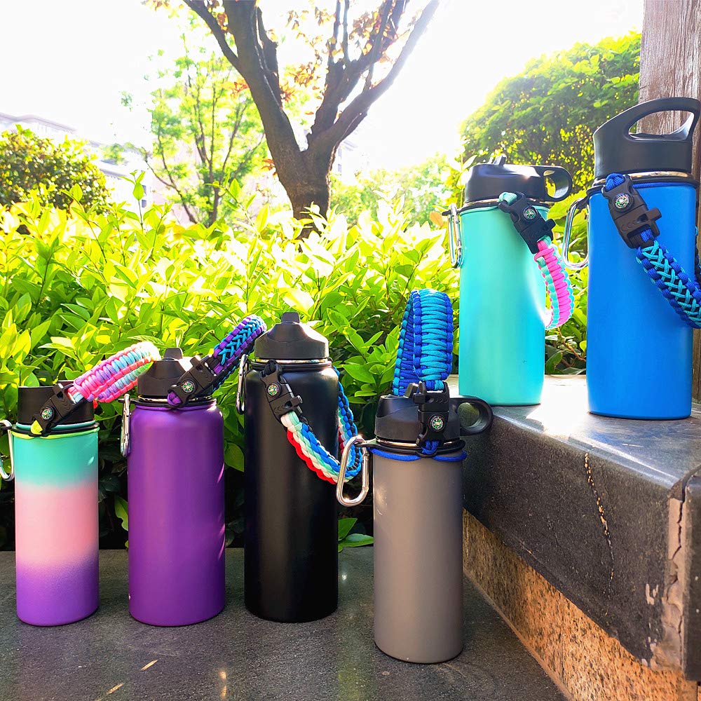 Paracord Handle - Fits Wide Mouth Bottles 12oz to 64oz - Durable Carrier, Paracord Carrier Strap Cord with Safety Ring,Compass and Carabiner - Ideal Water Bottle Handle Strap (Pink)