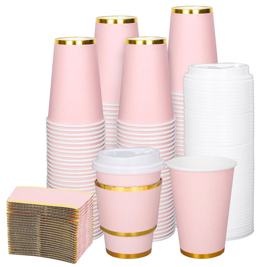 JarThenaAMCS 50Pcs Light Pink Disposable Coffee Cups with Lids and Sleeves 12Oz Foil Gold Border Pink Party Paper Tableware for Wedding Holiday Picnic Birthday Party Bridal Favor Coffee Beverage Tea