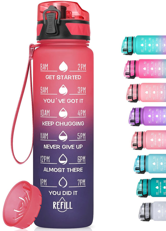 MEITAGIE 32oz/26oz Motivational Water Bottle with Time Marker & Fruit Strainer, Leak-proof BPA Free Non-Toxic 1l Bottle with Carrying Strap, Perfect for Fitness, Gym and Outdoor Sports,Plastic