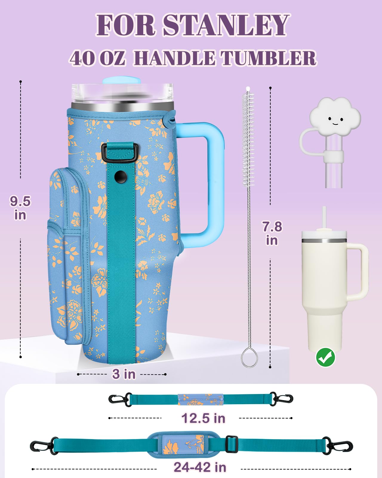 Toykee Water Bottle Holder Carrier Bag for Stanley 40 OZ Tumbler with Strap Phone Pocket, Blue Wrap Around Drink Cup Purse Pouch with Straw Cover Cleaner Brush Accessories Flower Print
