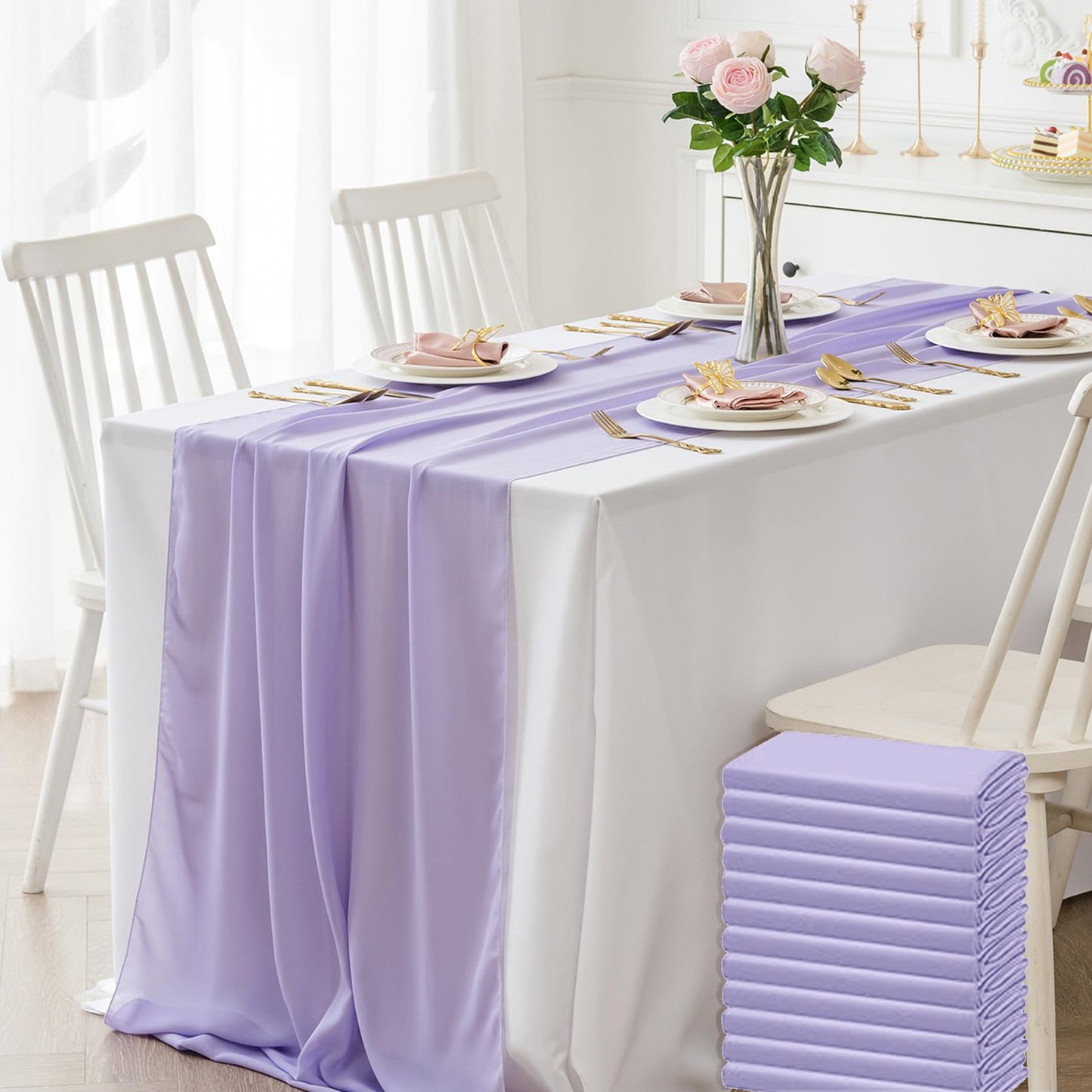 12 Pack Chiffon Table Runner 14x108 Inch Long 9ft Sheer Table Runners for Party Romantic Wedding Bridal Shower Fall Decorations-Lavender