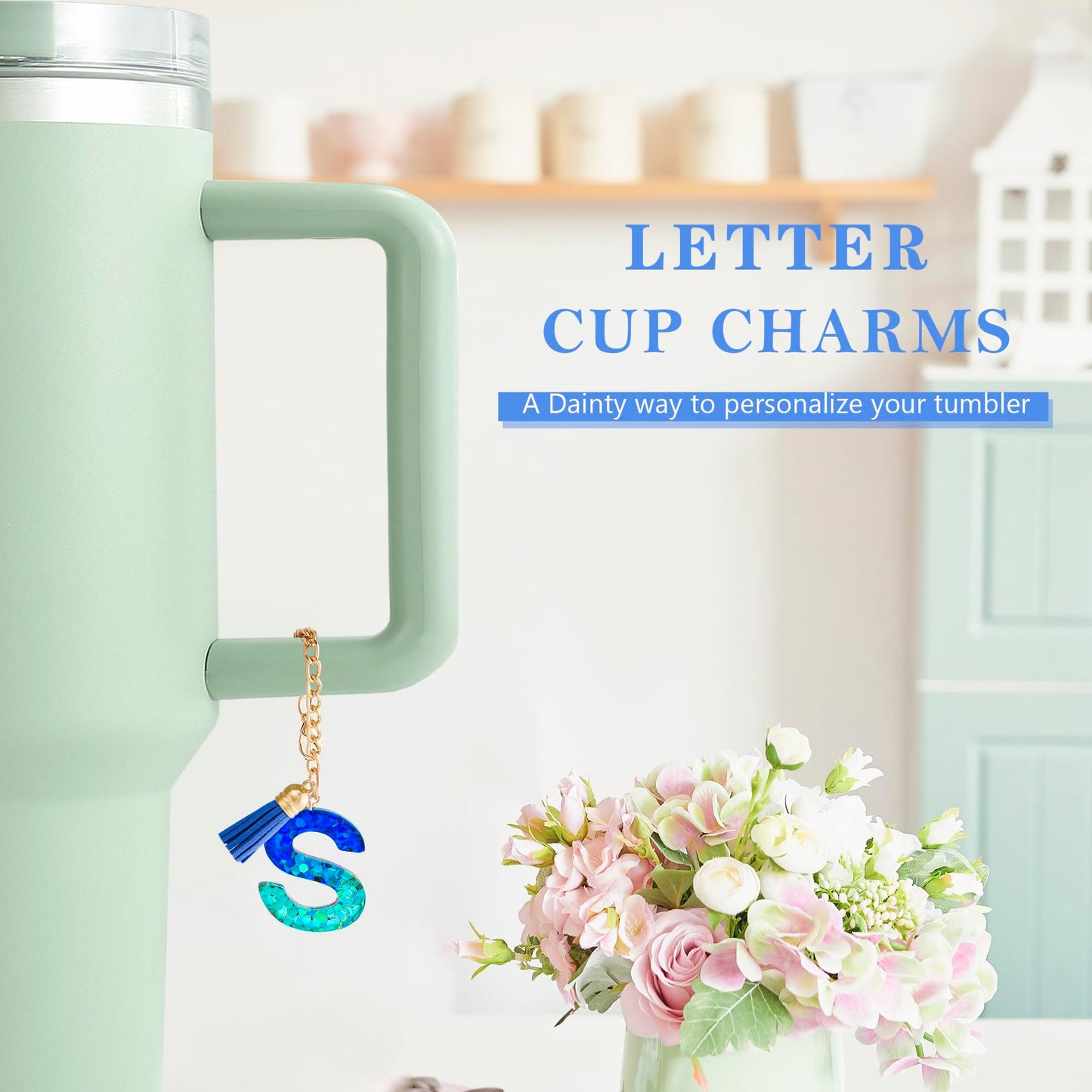 Letter Charm Accessories for Stanley Cup 1 PCS Cute Initial Keychain Handle Charm for Stanley Tumbler for Women Blue Letter S