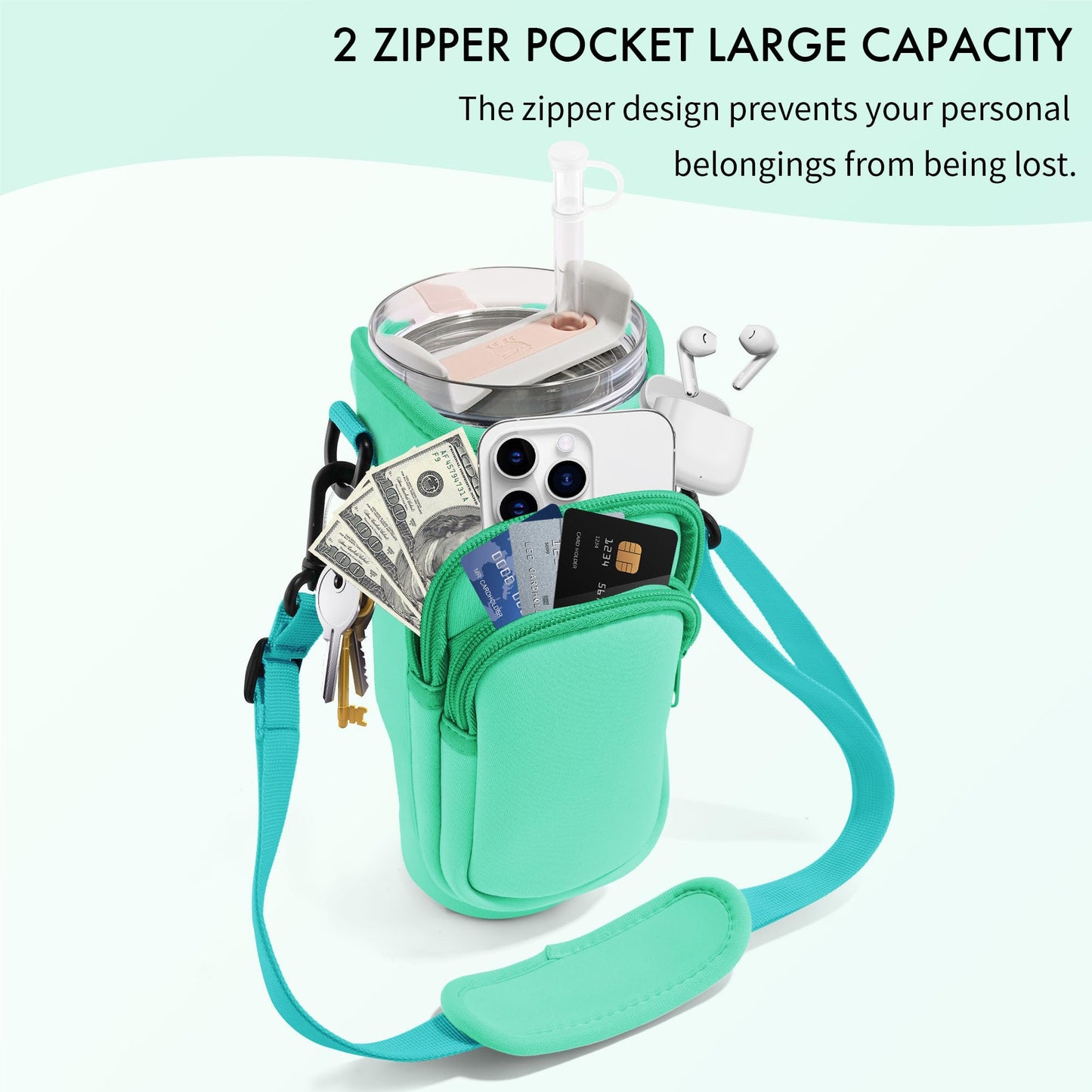 JEBEALUO Water Bottle Carrier Bag with Phone Pocket for Stanley Cup 40/30 oz, Water Bottle Holder with Adjustable Strap& Straw Cover, Stanley Cup Accessories (Green)