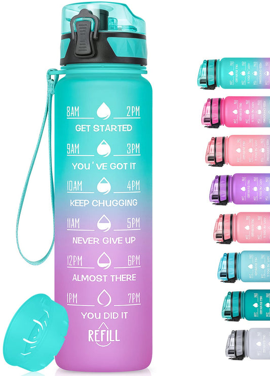 MEITAGIE 32oz/26oz Motivational Water Bottle with Time Marker & Fruit Strainer, Leak-proof BPA Free Non-Toxic 1l Bottle with Carrying Strap, Perfect for Fitness, Gym and Outdoor Sports, Plastic