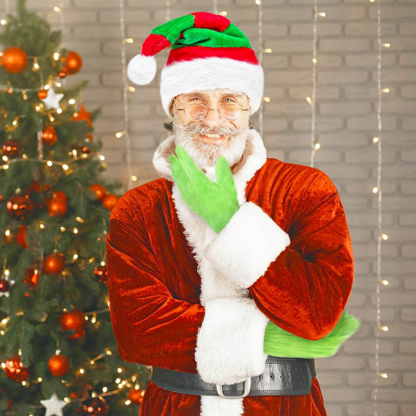 TIZHJOZI Christmas Hat, Santa Hat and Furry Gloves, Soft Plush Santa Costume for Adult, Christmas Party Headwear Accessories