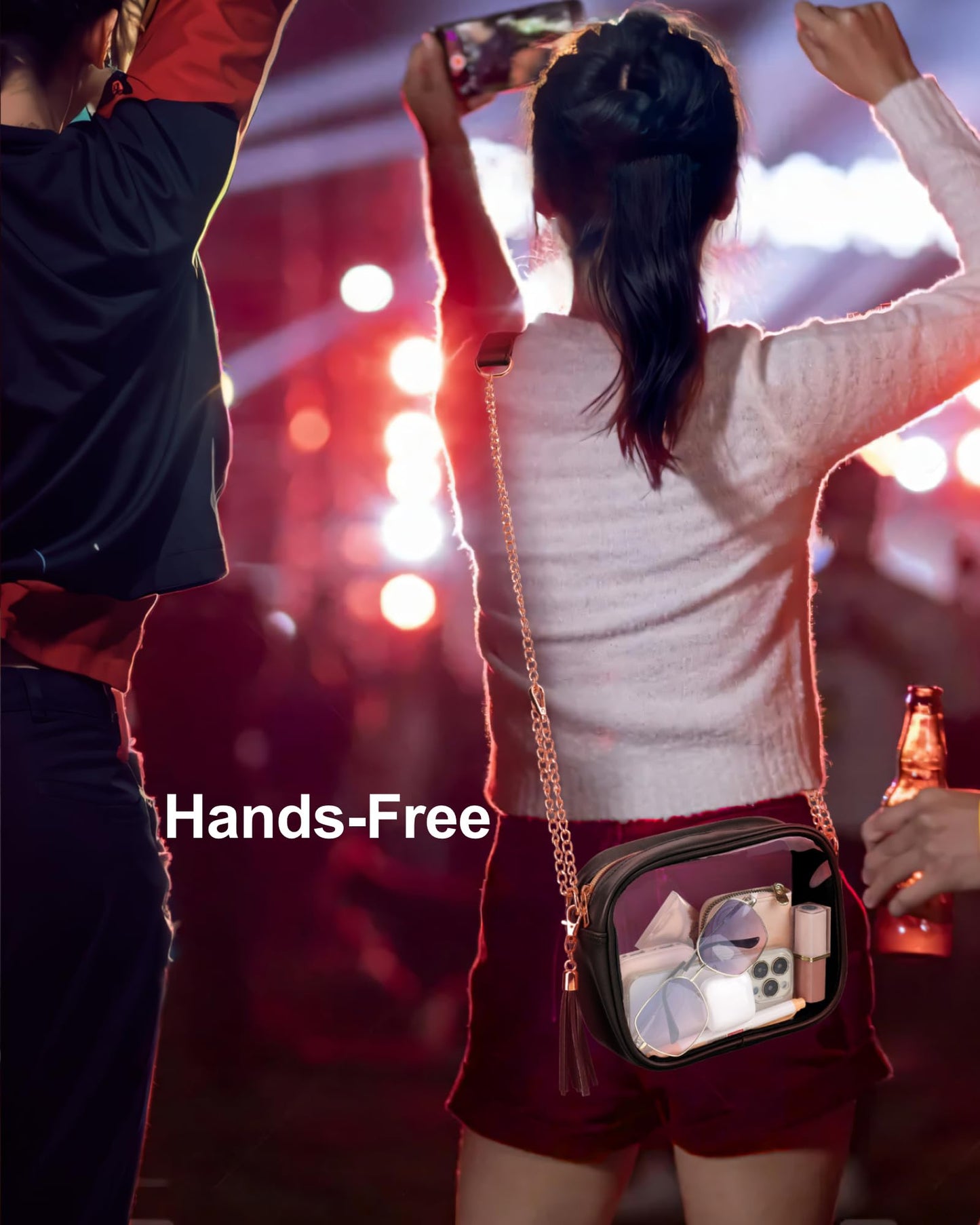 PACKISM Stylish Clear Crossbody Bag - Clear Purse Stadium Approved for Women, Fashionable PU Leather Design with Adjustable Chain Straps, Perfect for Sports & Concerts, Black
