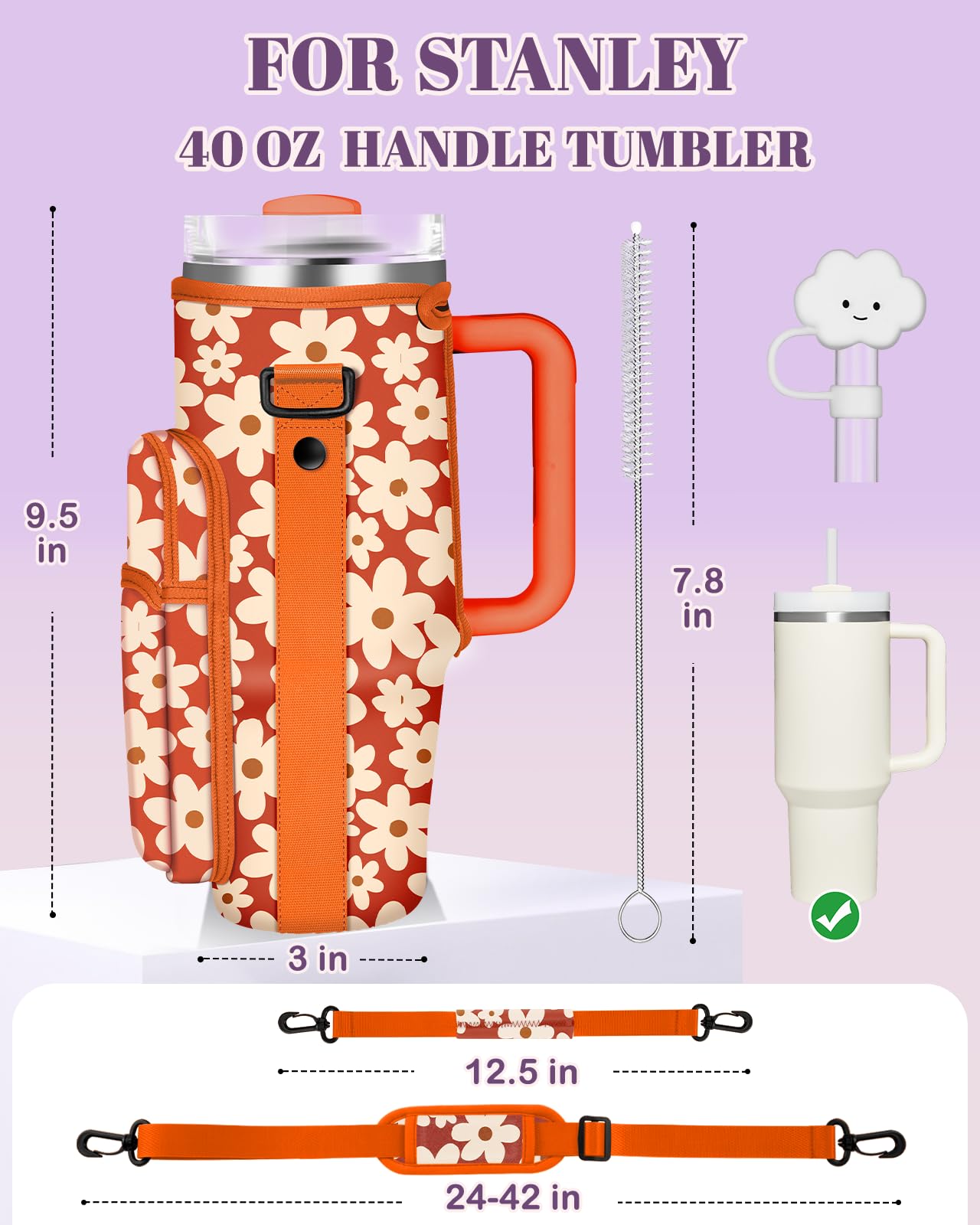 Toykee Water Bottle Holder Carrier Bag for Stanley 40 OZ Tumbler with Strap Phone Pocket, Orange Wrap Around Drink Cup Purse Pouch with Straw Cover Cleaner Brush Accessories Flower Print