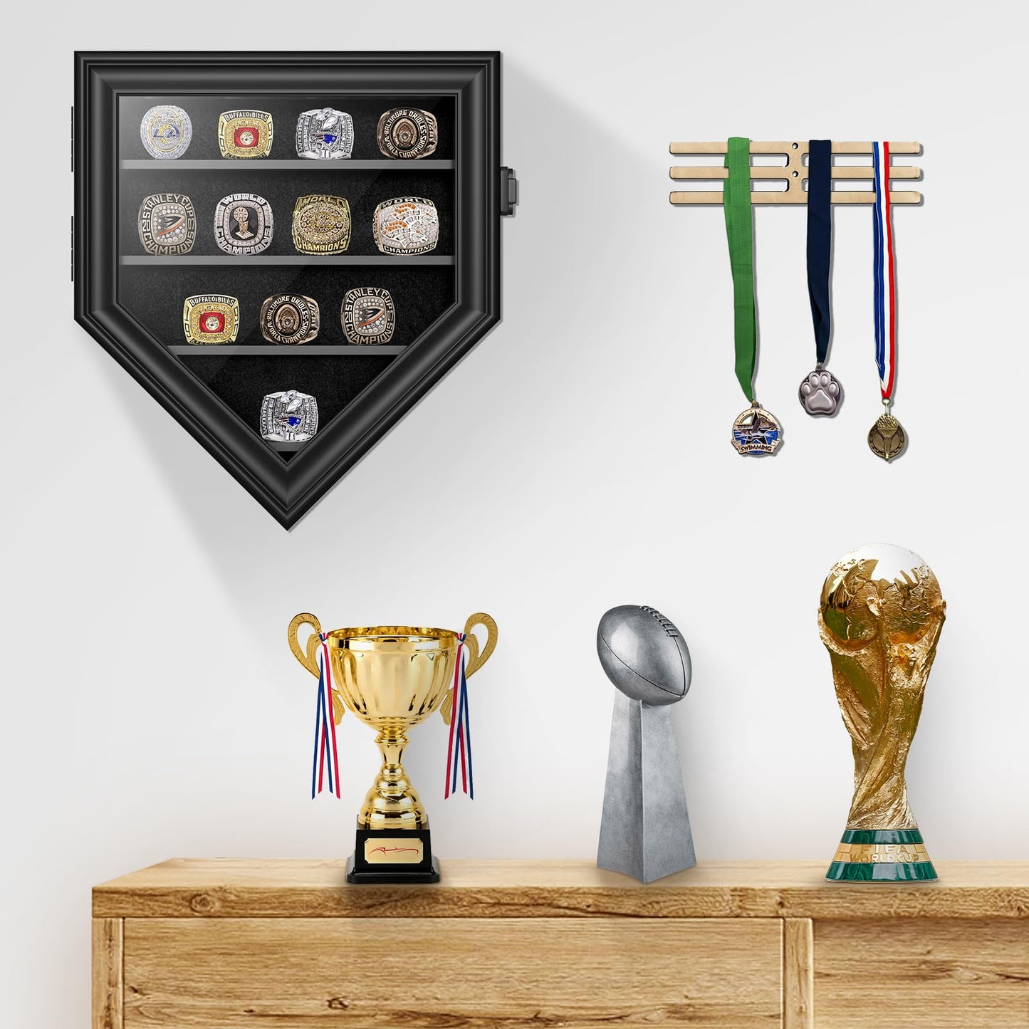 Championship Ring Display Case, 12 Ring Posts Baseball Ring Holder, Baseball Ring Display Case Lockable Wall Mount Wooden Shadow Box for Multiple Championship Rings