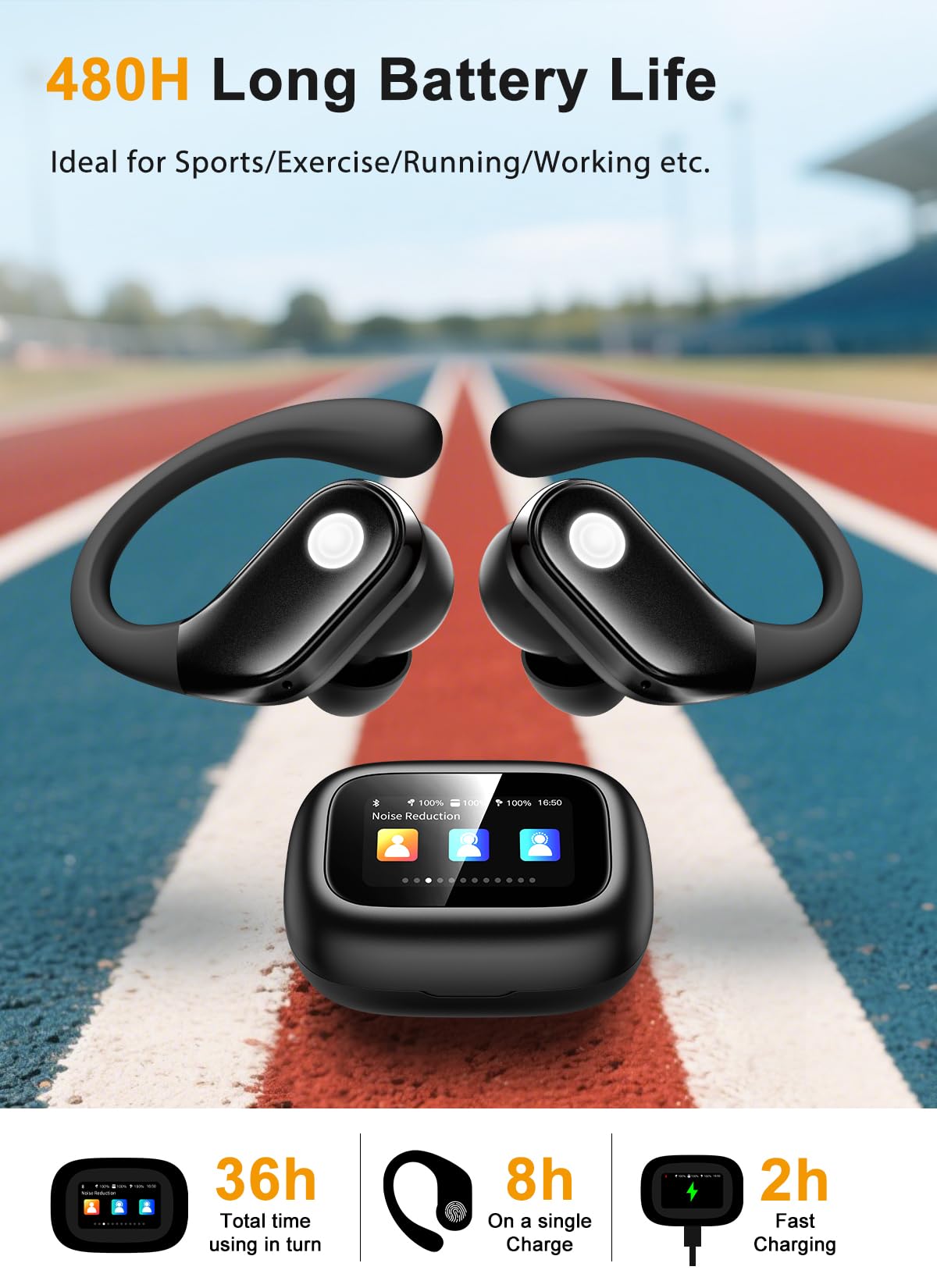 jaddsa Wireless Earbuds, ANC Noise Cancelling Sport Ear Buds with Multifunctional Touch Screen, Bluetooth 5.4 Headphones, Bass Stereo Sound, 5 EQ Over The Ear Earbuds for Sports/Workout/Gym-Black