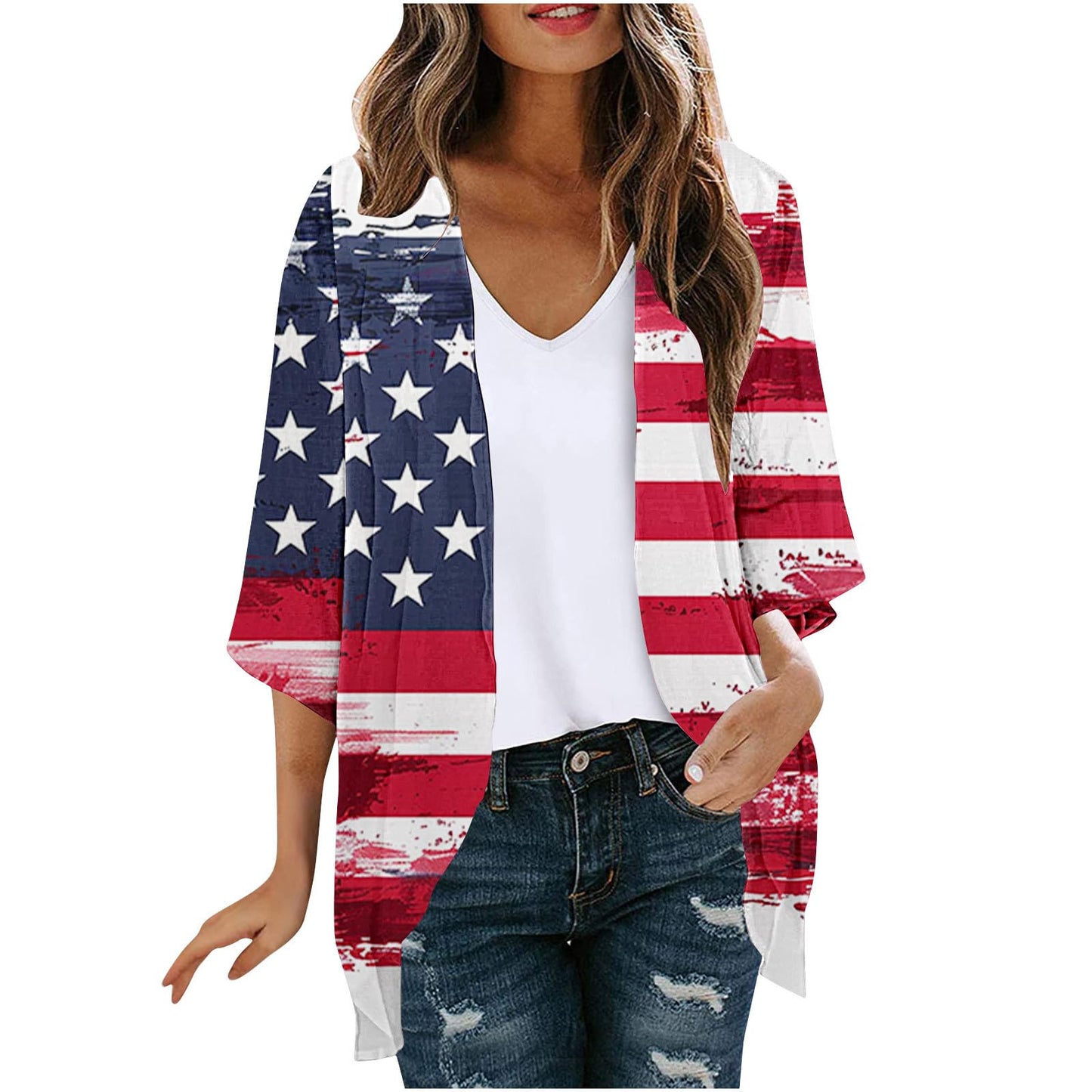 My Orders Deals Of The Day Clearance Women American Flag Lightweight Chiffon Cardigan Short Sleeve Flowy 4th of July Cover Up Casual Open Front Blouse Top Multicolor,XL