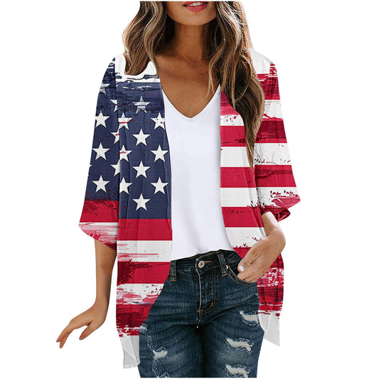 My Orders Deals Of The Day Clearance Women American Flag Lightweight Chiffon Cardigan Short Sleeve Flowy 4th of July Cover Up Casual Open Front Blouse Top Multicolor,XL
