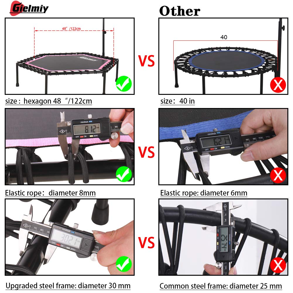Gielmiy 48‘’Mini Trampoline for Adults，Silent rebounder Trampoline with 3 Adjustable Handle，Indoor/Garden/Workout Cardio,Safely Cushioned Bounce（Max Load 330lbs）