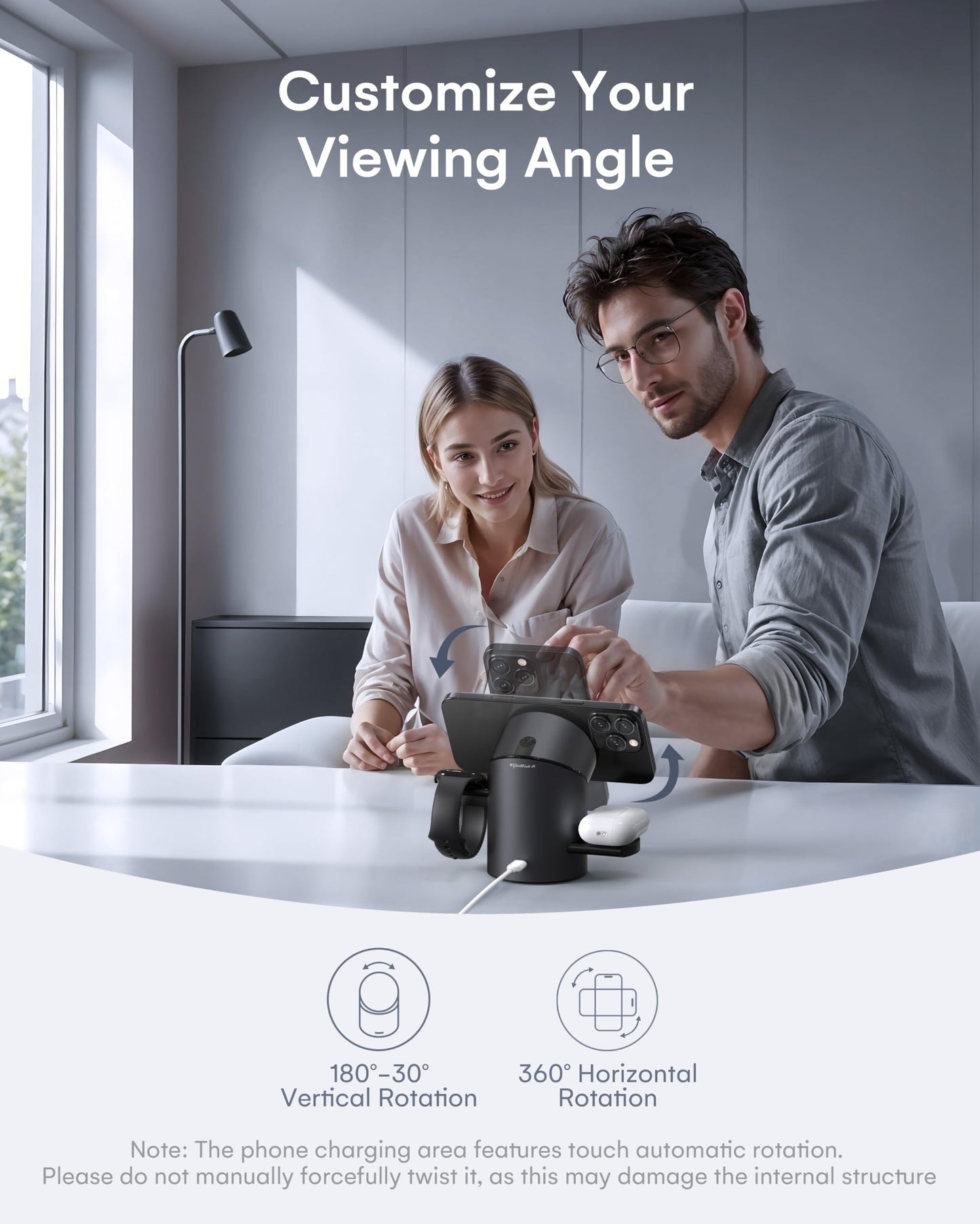 ZEEHOO 3 in 1 Charging Station for Apple Devices, Mag-Safe Charger Stand, Qi2 15W Auto-Rotating Wireless Charging Station for iPhone 16/15/14/13/12 Series& AirPods& iWatch(Black)