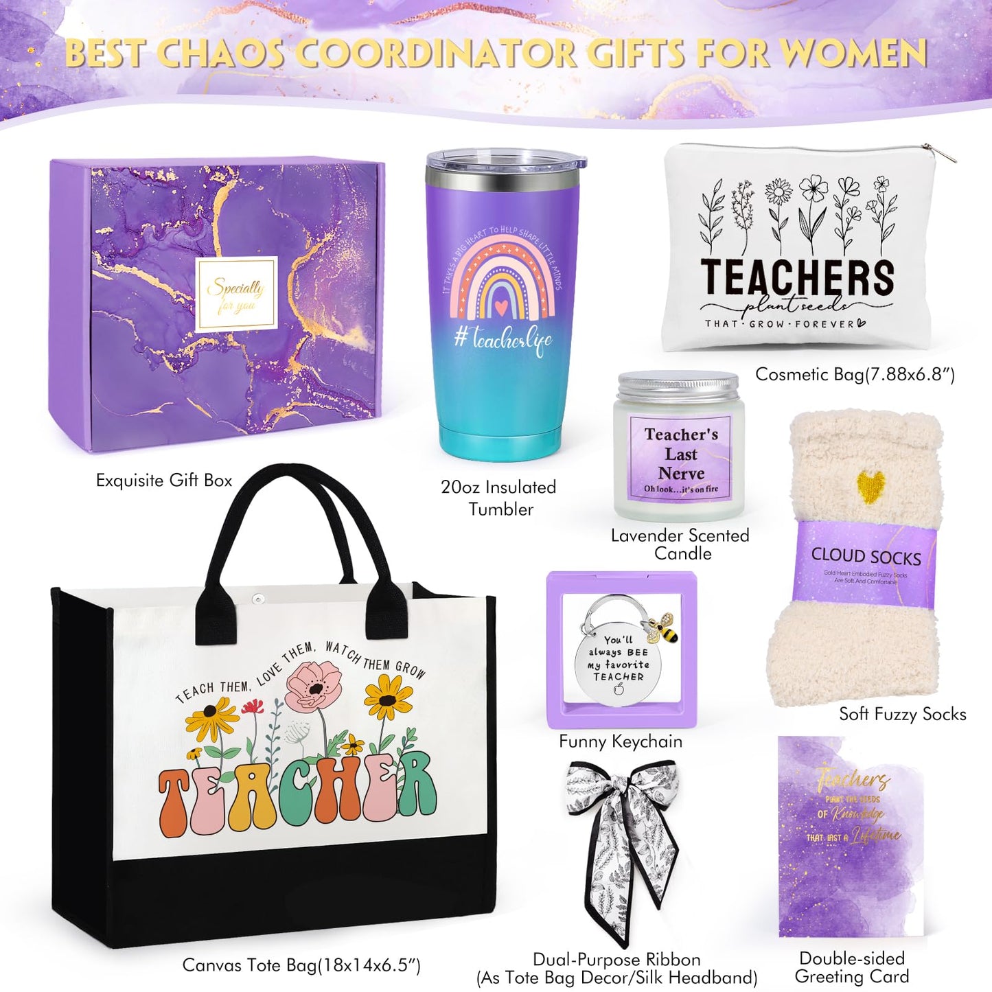 Teacher Appreciation Gifts, Best Teacher Tote Bags for Women, Unique Gifts Ideas from Students - Funny Thank You Basket Box Back to School Gifts, Teacher Christmas Gifts Birthday Gifts Purple