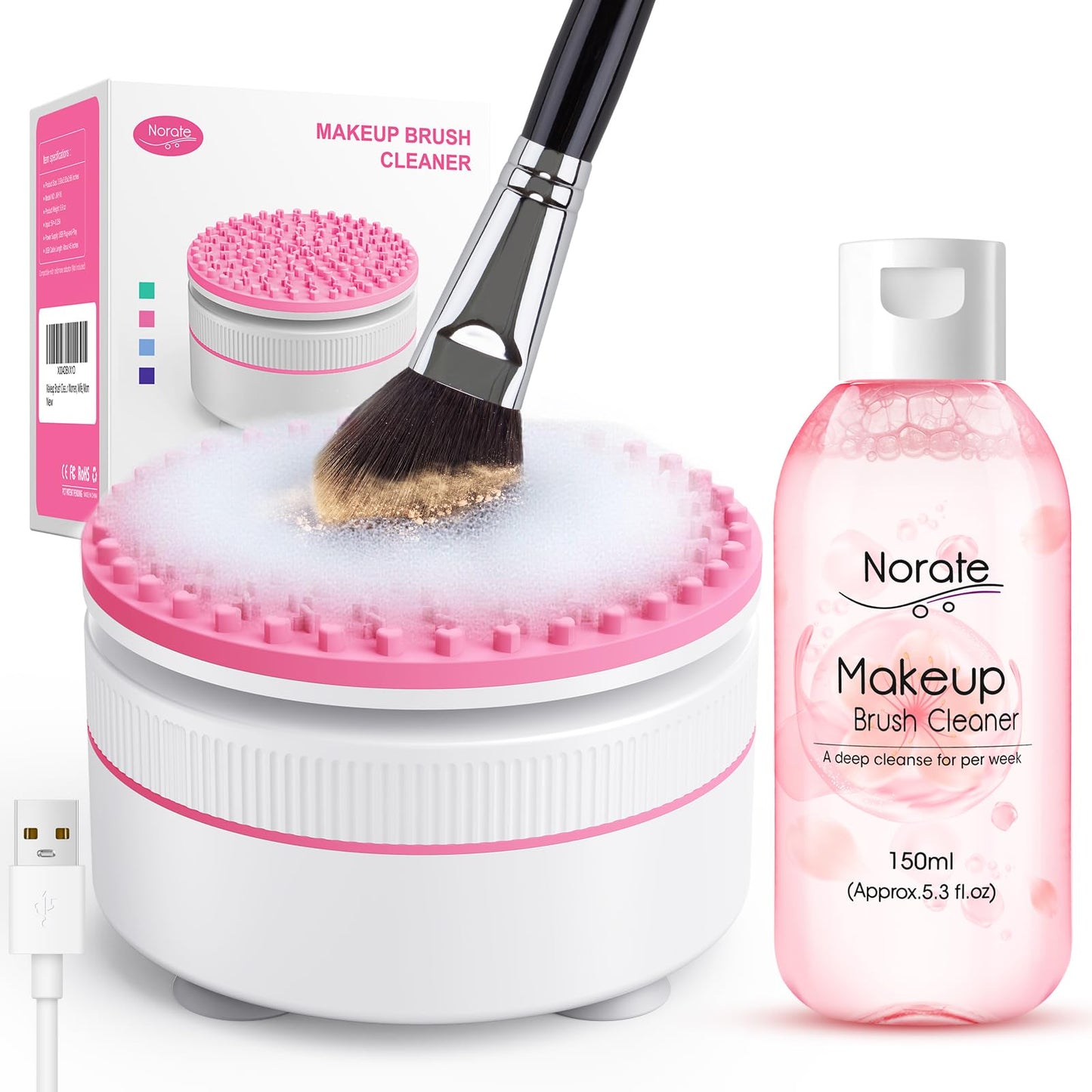 Norate Makeup Brush Cleaner, Electric Makeup Brush Cleaner Machine + Solution, Removes Residue from Makeup Brushes with Deep-Clean Cruelty-Free Shampoo, Stocking Stuffers for Women, Moms,Teen Girls