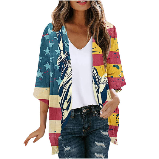 My Orders Sales Clearance Today Deals Prime Women American Flag Lightweight Chiffon Cardigan Short Sleeve Flowy 4th of July Cover Up Casual Open Front Blouse Top Multicolor,XL