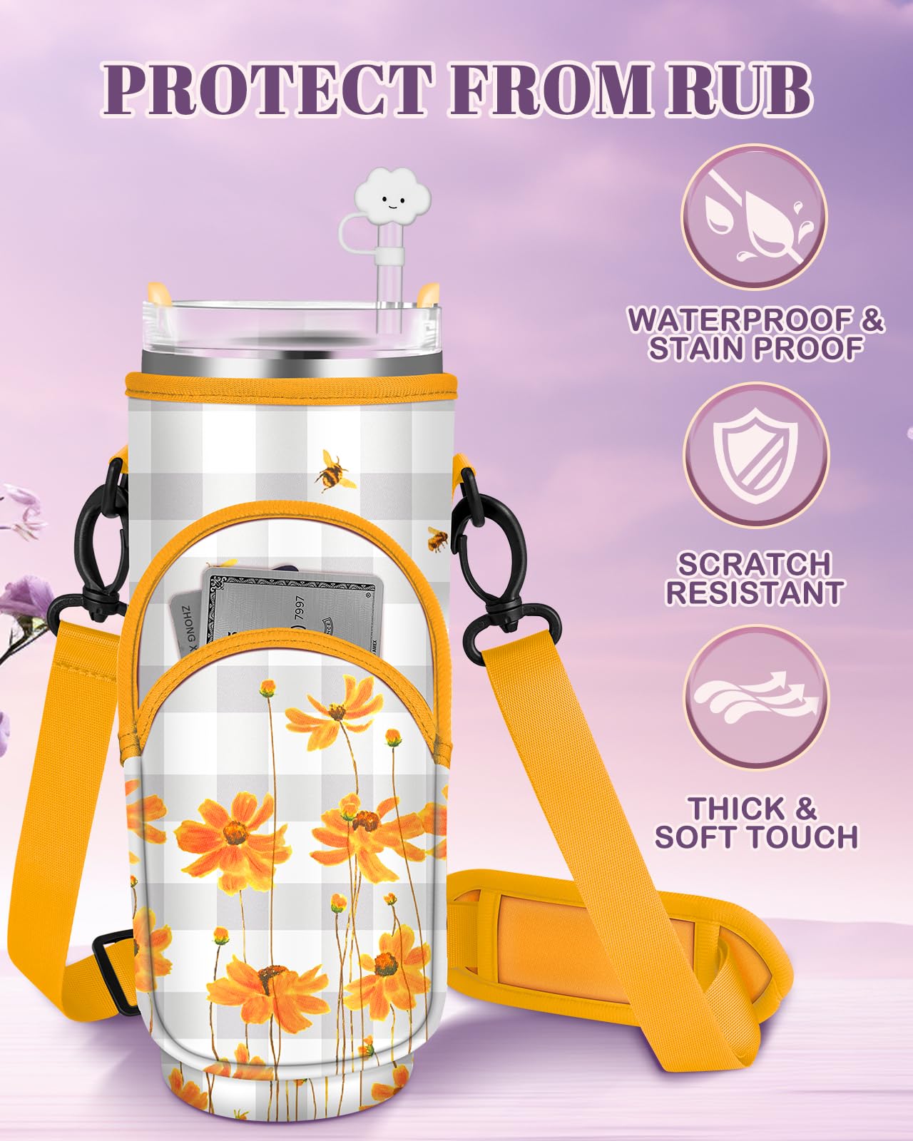 Toykee Water Bottle Holder Carrier Bag for Stanley 40 OZ Tumbler with Strap Phone Pocket, Wrap Around Drink Cup Purse Pouch with Straw Cover Cleaner Brush Accessories Yellow Flower