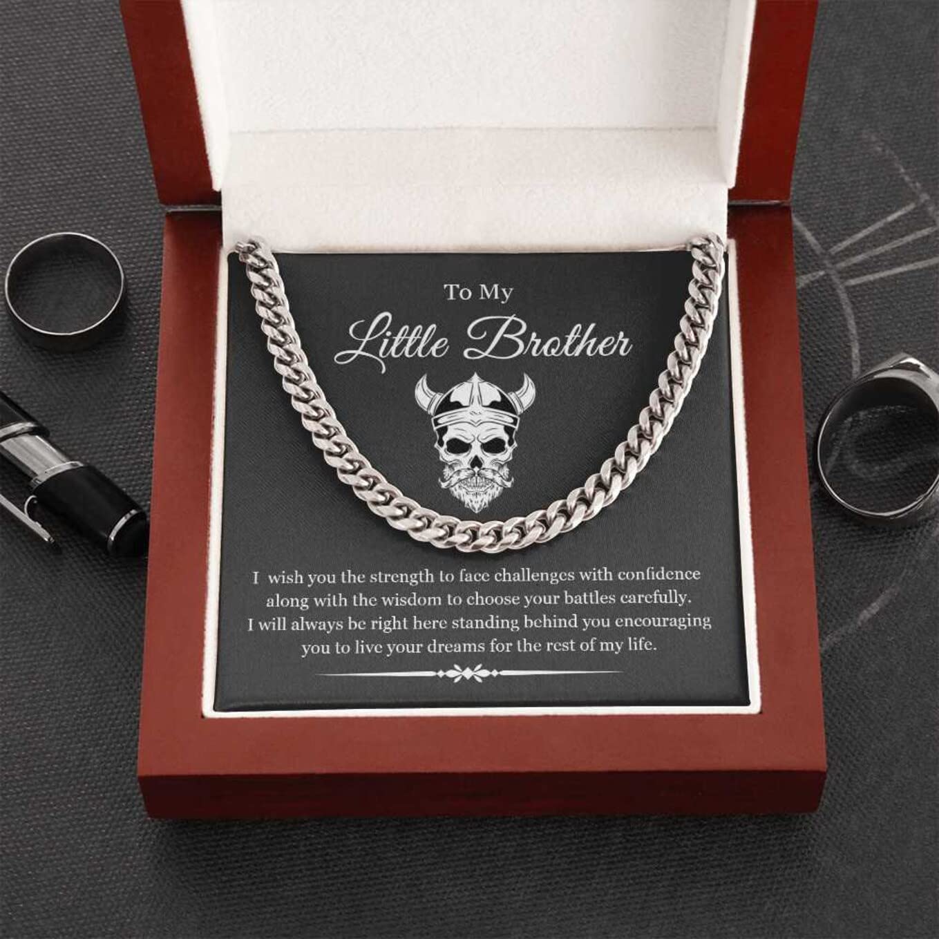 VIRAGIL Gifts To My Little Brother I Will Always Be Right Here Link Chain Necklace Gift From Sister Gift From Big Brother Christmas, Birthday Gift Stainless Steel Cuban/Luxury Led Box