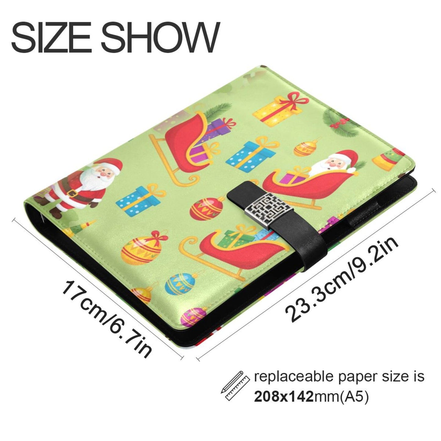 DIGTIA Christmas Gifts Santa Sleighs PU Leather Notebook A5 Binder 6 Ring Refillable Journal with Magnetic Buckle Closure Loose Leaf Travel Office Planner Budget Binder Notepad Portfolio,
