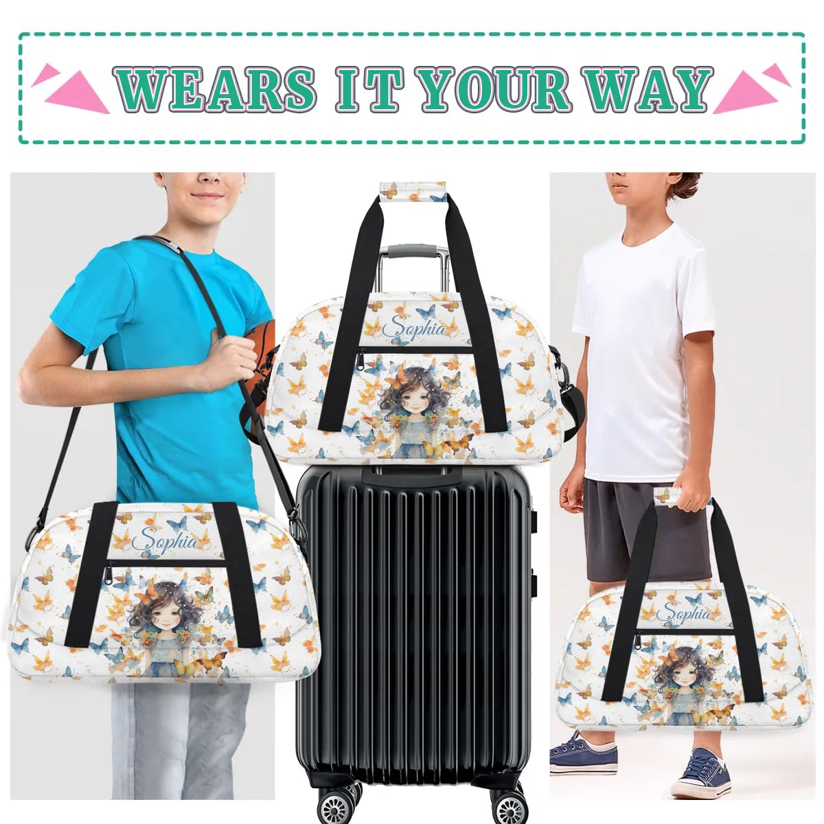Personalized Gym Bag for Kids Girls, Butterfly Girl Custom Small Duffel Bag with Padded Handles Carry On Weekend Travel Bag for School Practice Ball Games