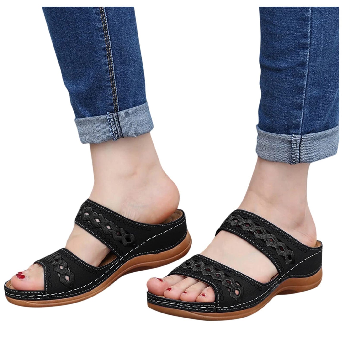 Shengsospp Wedge Sandals for Women Dressy Summer Slip on Elastic Ankle Strap Wedges Sandals Dressy Summer Anti-Slip Breathable Sandal 08_Black, 8