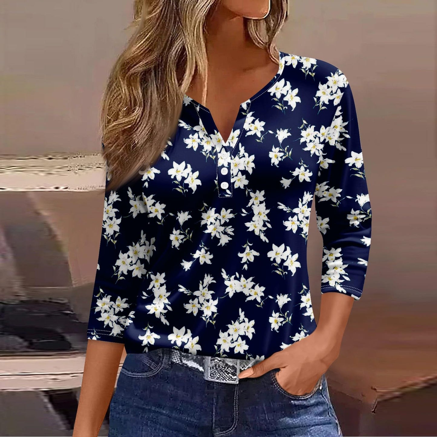 Generic 3/4 Sleeve T Shirts for Women Summer V Neck T Shirts for Women 3/4 Length Sleeve Trendy Tops for Women 2024 Floral Print Blouses for Women Casual Aesthetic Clothes Royal Blue S