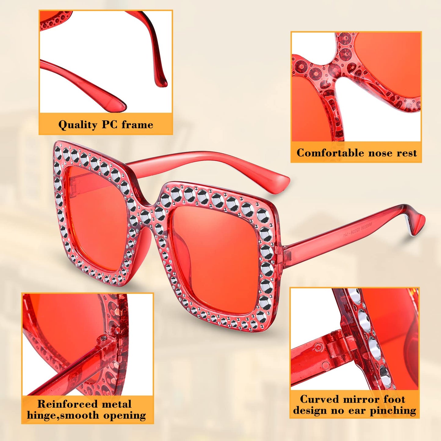 Chuangdi 24 Pcs Women Disco Sunglasses 70s Rhinestone Crystal Sunglasses Bulk Large Square Sparkling Glasses Thick Frame(Mixed Color)