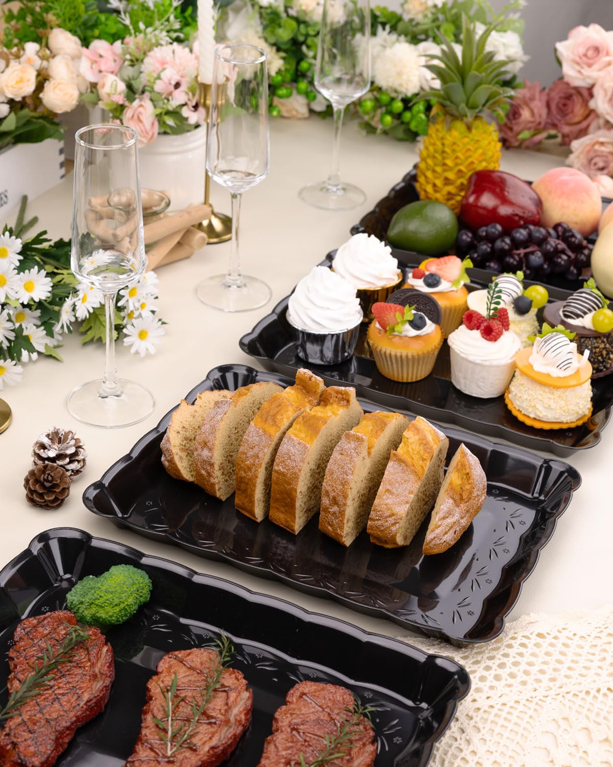 BESTVIP Black Plastic Serving Trays -12 Pack 9x13 Rectangle Flower - Edged Platters for Events, Weddings, Daily Meals, Parties, Snacking, Crafting & Pet Feeding