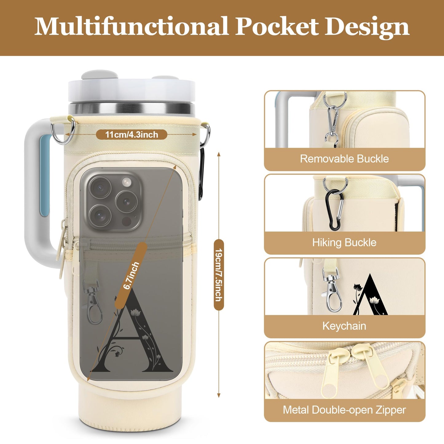 LOKASS for Stanley Cup Accessories 40 oz Water Bottle Carrier Bag with Phone Pocket for Stanley Tumbler Holder with Strap, Personalized Gifts with Floral Initial A-Z for Women/Girls/Stanley Cup Fans