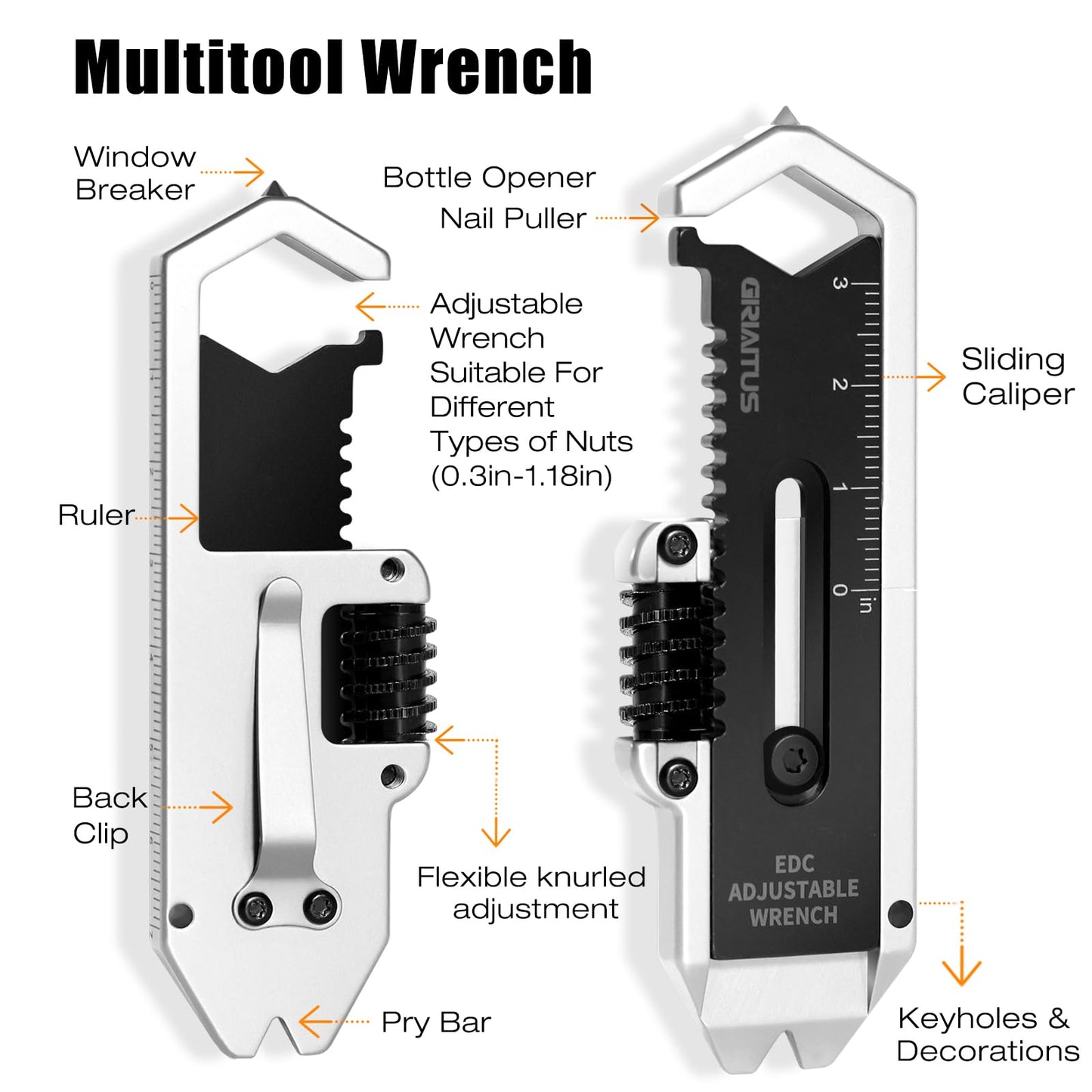 Small Multitool Wrench 9 in 1 Pocket Adjustable Wrench for Screw with Mini Pry Bar Nail Puller Keychain Tool Caliper Measuring Ruler Glass Breaker EDC Gadget Survival Gear for Men Cycling Hiking