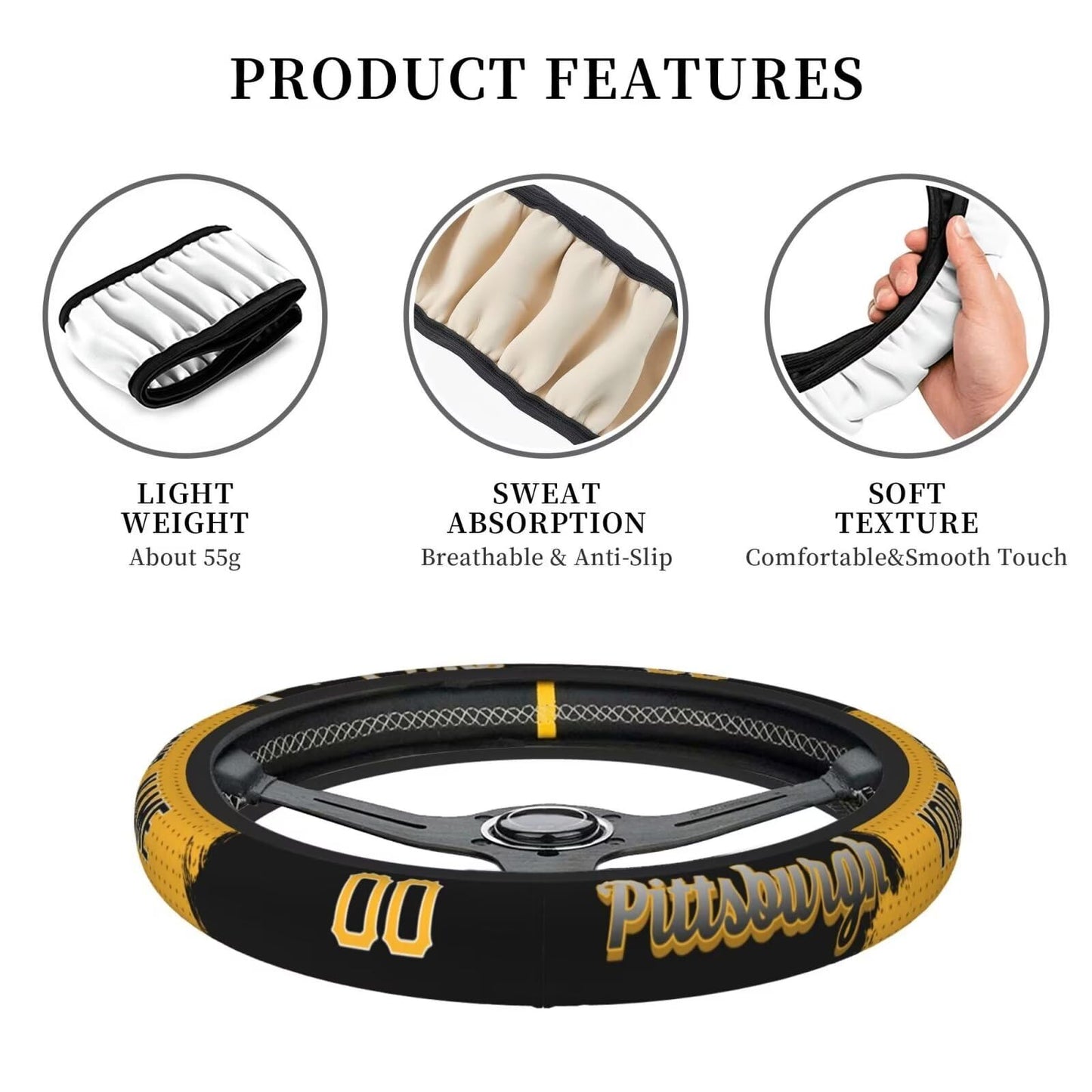 GENERIC Pittsburgh Custom Car Steering Wheel Covers,Personalized Name and Number,Anti Slip Elasticity Baseball Car Accessories,Universal 15 Inch Fit Suit for Most Car,SUV,ATV,Truck.