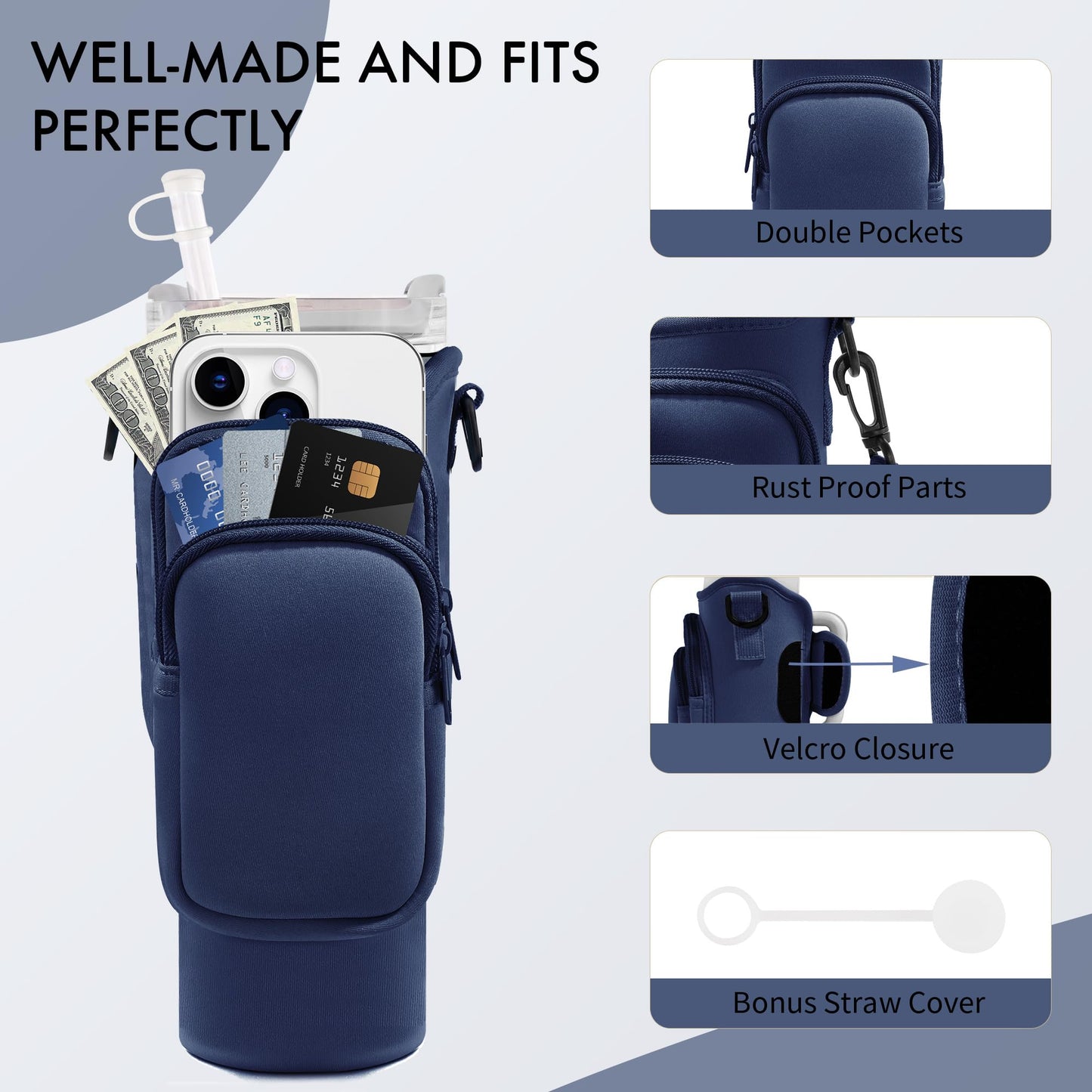 JEBEALUO Water Bottle Carrier Bag with Phone Pocket for Stanley Cup 40/30 oz, Water Bottle Holder with Adjustable Strap& Straw Cover, Stanley Cup Accessories (Prussian Blue)