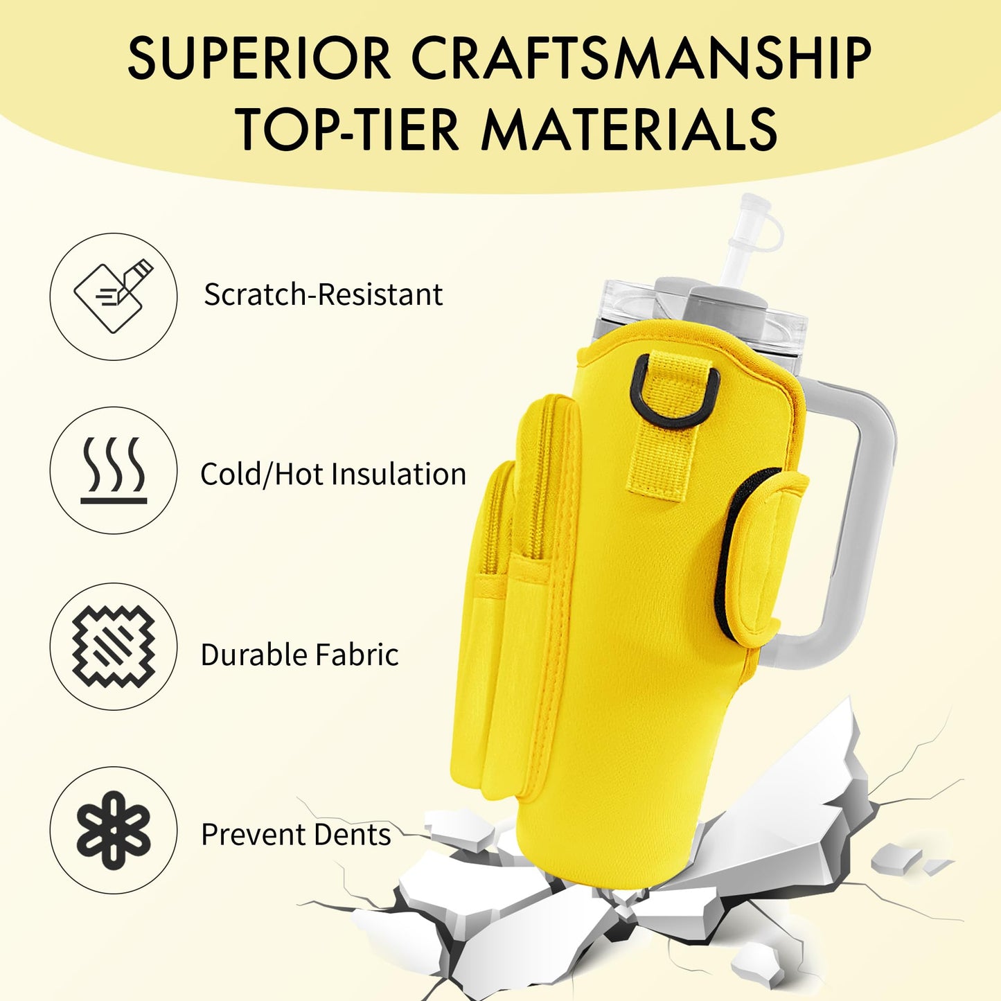 JEBEALUO Water Bottle Carrier Bag with Phone Pocket for Stanley Cup 40/30 oz, Water Bottle Holder with Adjustable Strap& Straw Cover, Stanley Cup Accessories (Yellow)