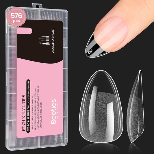 Beetles Gel Nail Tips 576Pcs Pre-shape Short Almond Etch-X Nail Tips,12 Sizes Soft Nail Tips Half Matte False Nails for Spring Nails Full Cover Press On Nail Nail Extensions Set for Women