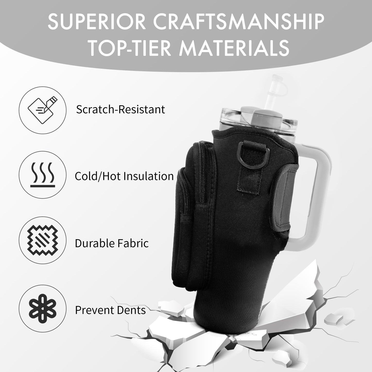 JEBEALUO Water Bottle Carrier Bag with Phone Pocket for Stanley Cup 40/30 oz, Water Bottle Holder with Adjustable Strap& Straw Cover, Stanley Cup Accessories (Black)