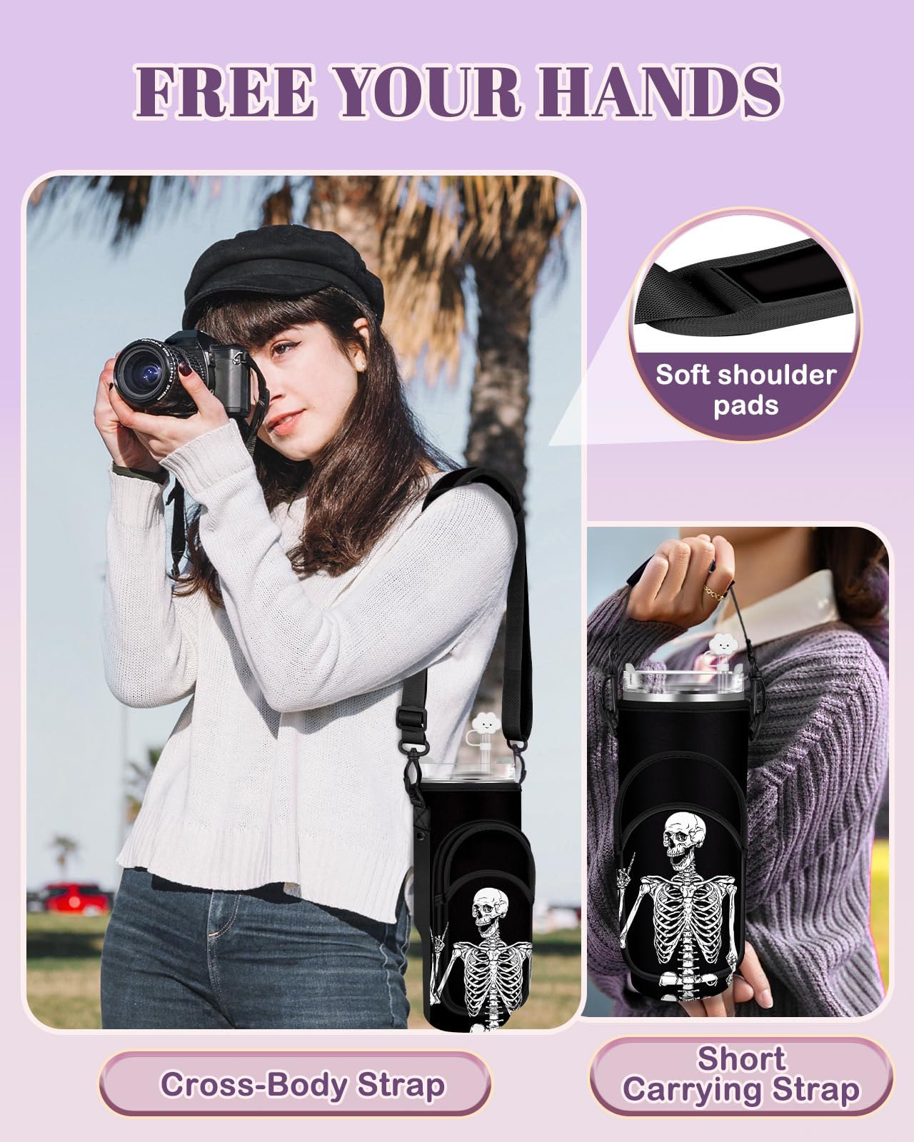 Toykee Water Bottle Holder Carrier Bag for Stanley 40 OZ Tumbler with Strap Phone Pocket, Black Wrap Around Drink Cup Purse Pouch with Straw Cover Cleaner Brush Accessories Skeleton Print