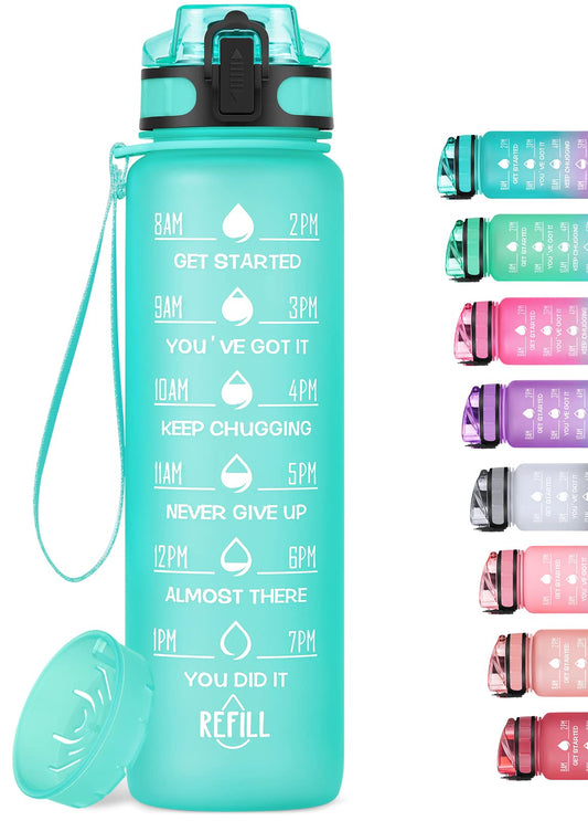 MEITAGIE 32oz Motivational Water Bottle with Time Marker & Fruit Strainer, Leak-proof BPA Free Non-Toxic Bottle with Carrying Strap, Perfect for Fitness, Gym and Outdoor Sports
