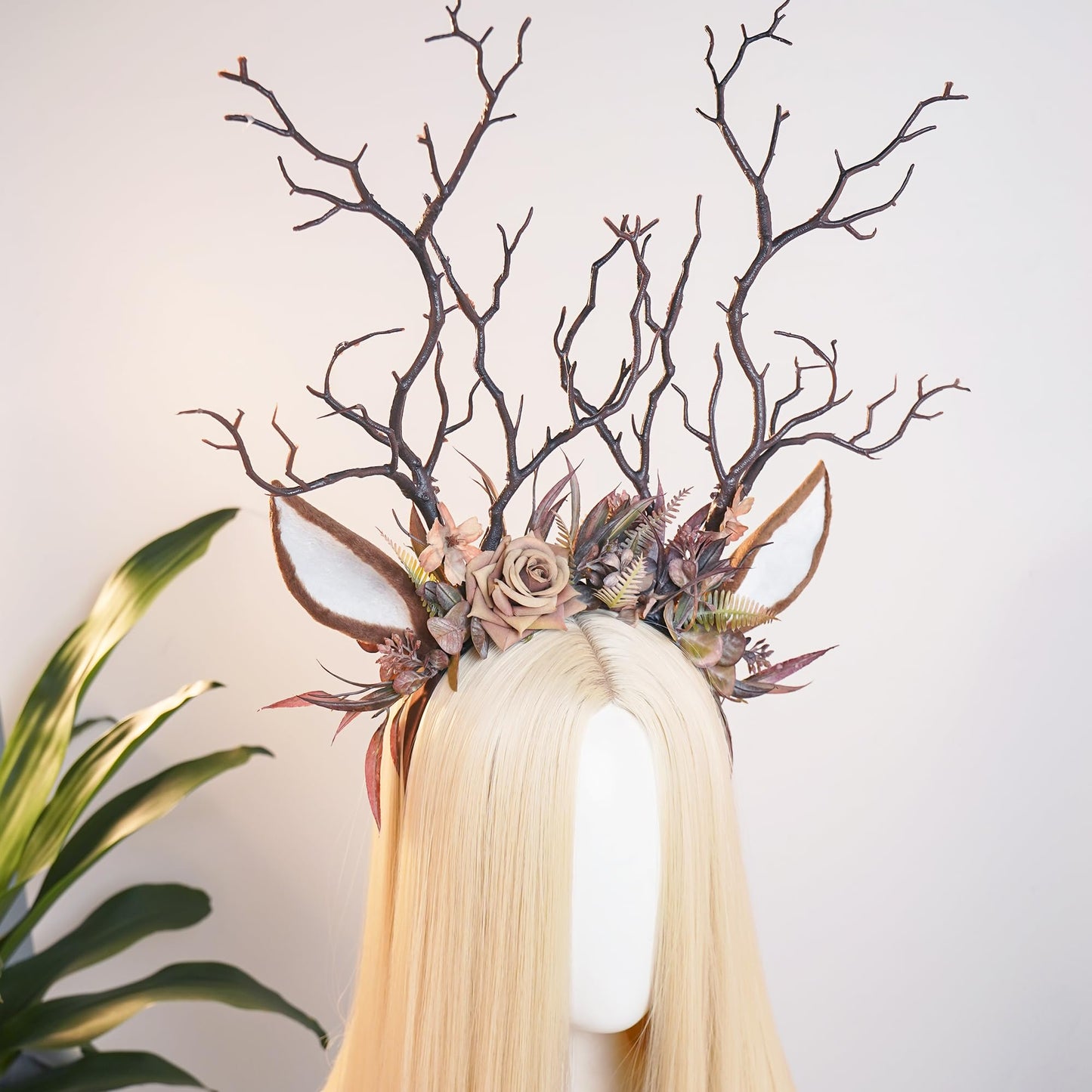 MOSTORY Flower Reindeer Ear Headband - Brown Branch Antlers Headband for Renaissance Deer Costume Women, Floral Antler Hairband for Renfaire Accessories Cosplay Fantasy Photo Shoot