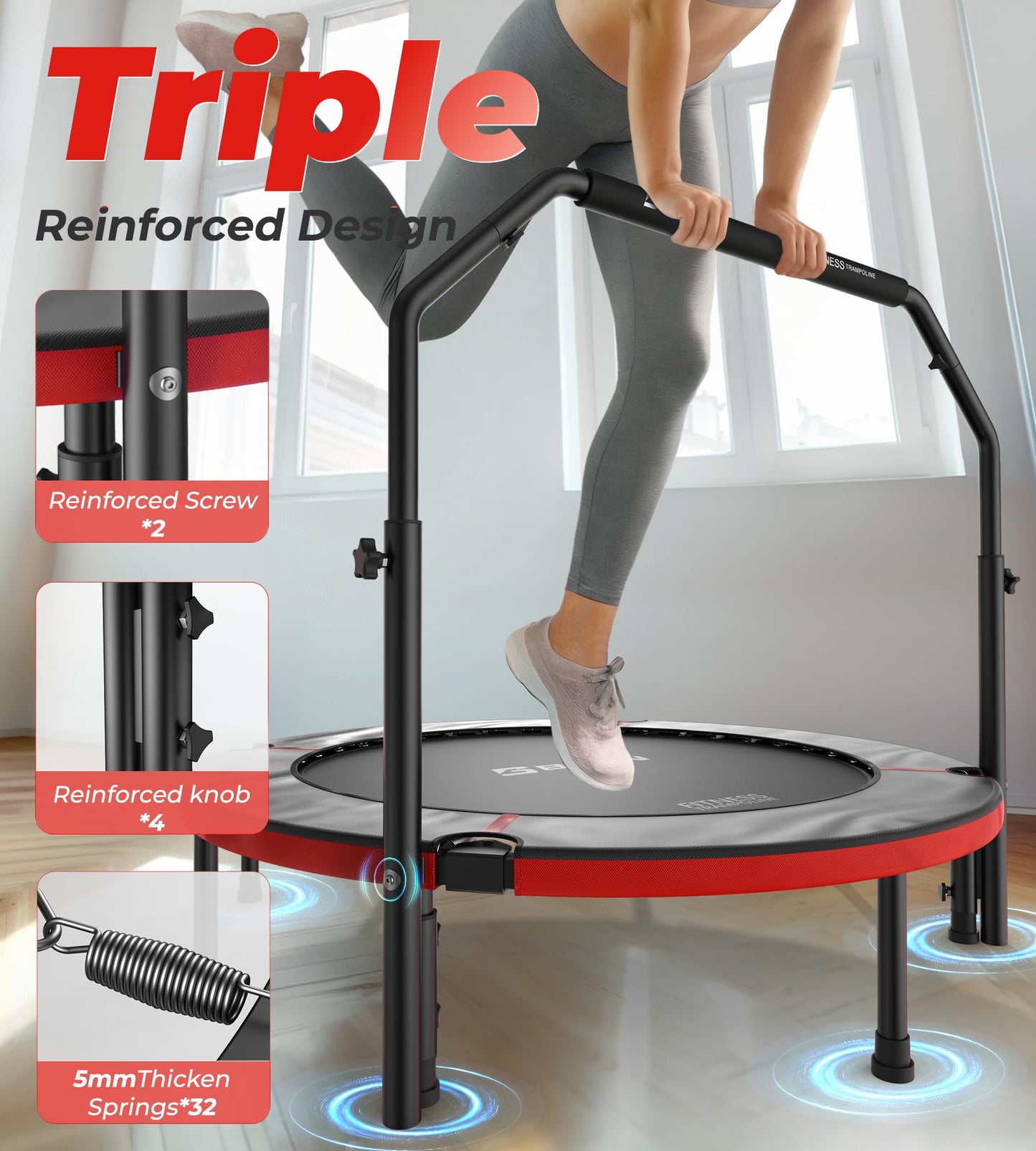 BCAN 40"/48" Foldable Mini Trampoline, Rebounder Trampoline for Adults, U/T Shape Adjustable Foam Handle, Exercise Rebounder for Kids Adults Indoor/Garden Workout, Max Load 330lbs/440lbs