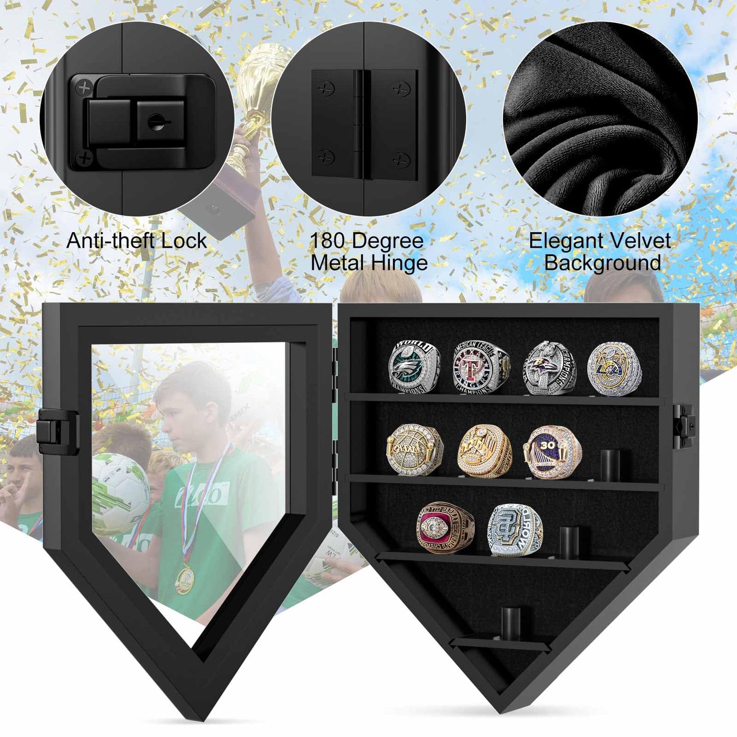 Championship Ring Display Case, 12 Ring Posts Baseball Ring Holder, Baseball Ring Display Case Lockable Wall Mount Wooden Shadow Box for Multiple Championship Rings