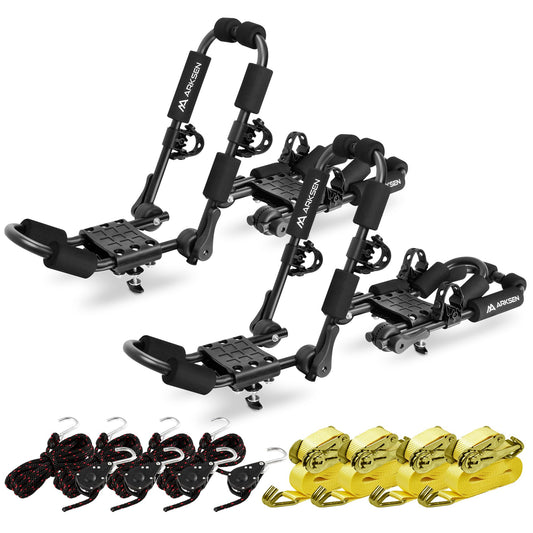 Arksen Universal 2 Pairs Heavy Duty Kayak Roof Rack J-Bar Easy to Carry Canoe Top Folding Adjustable Accessories for Car SUV Truck Crossbar with 4 pcs Top Mount Racks for Trip